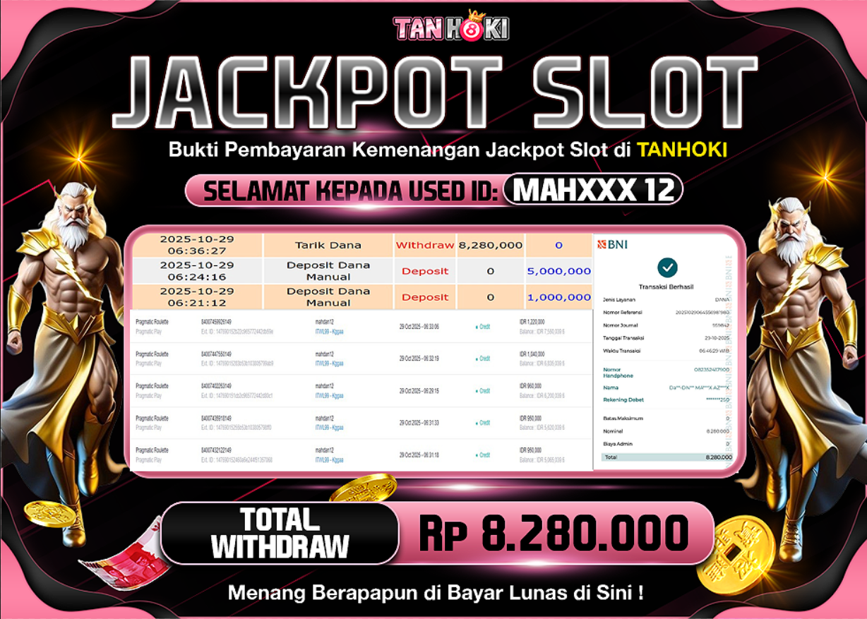 TANHOKI JACKPOT SLOT PRAGMATIC ROULETTE Rp..8.280.000,- LUNAS