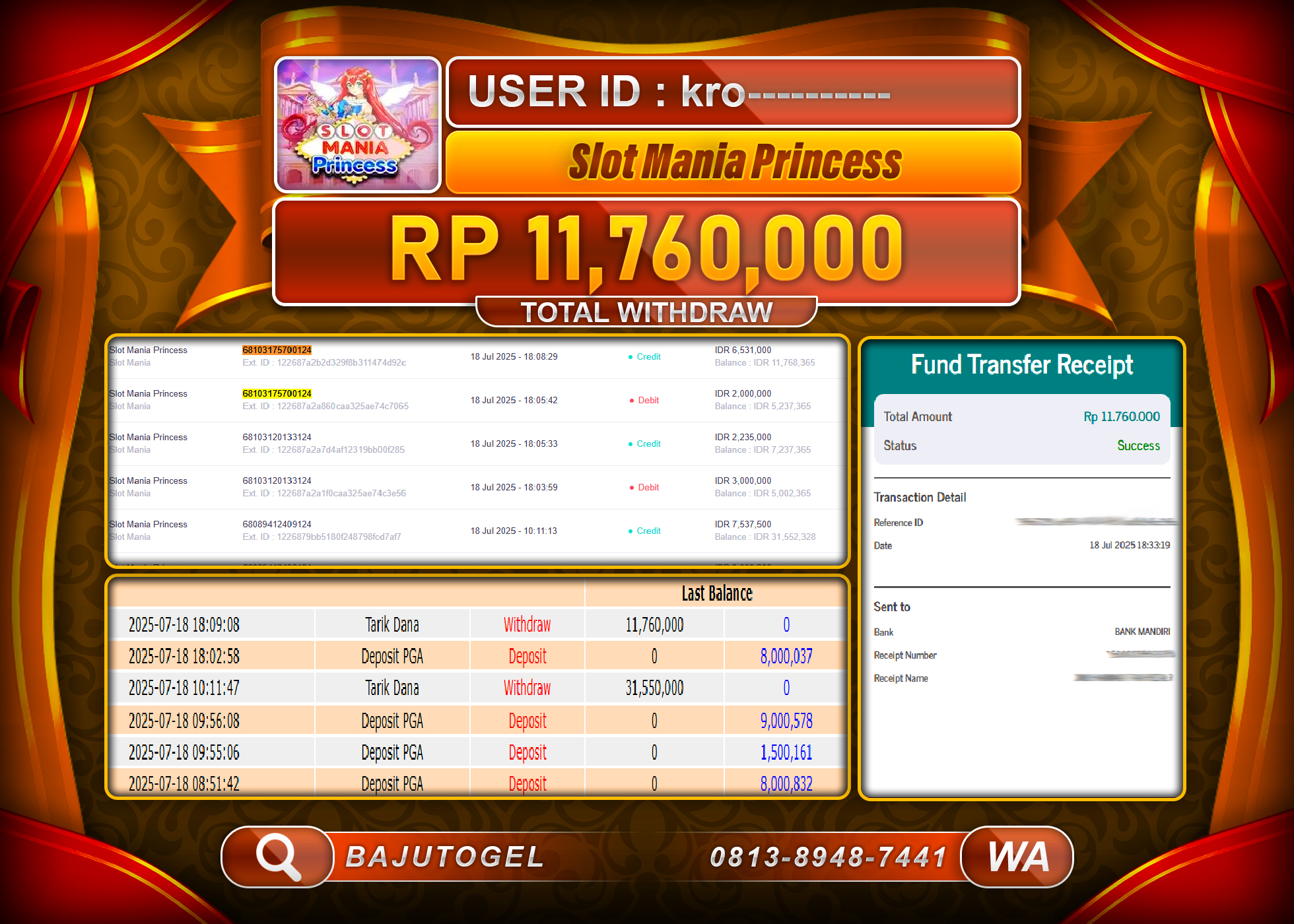 BAJUTOGEL KEMENANGAN SLOT MANIA PRINCESS Rp.11.760.000 LUNAS