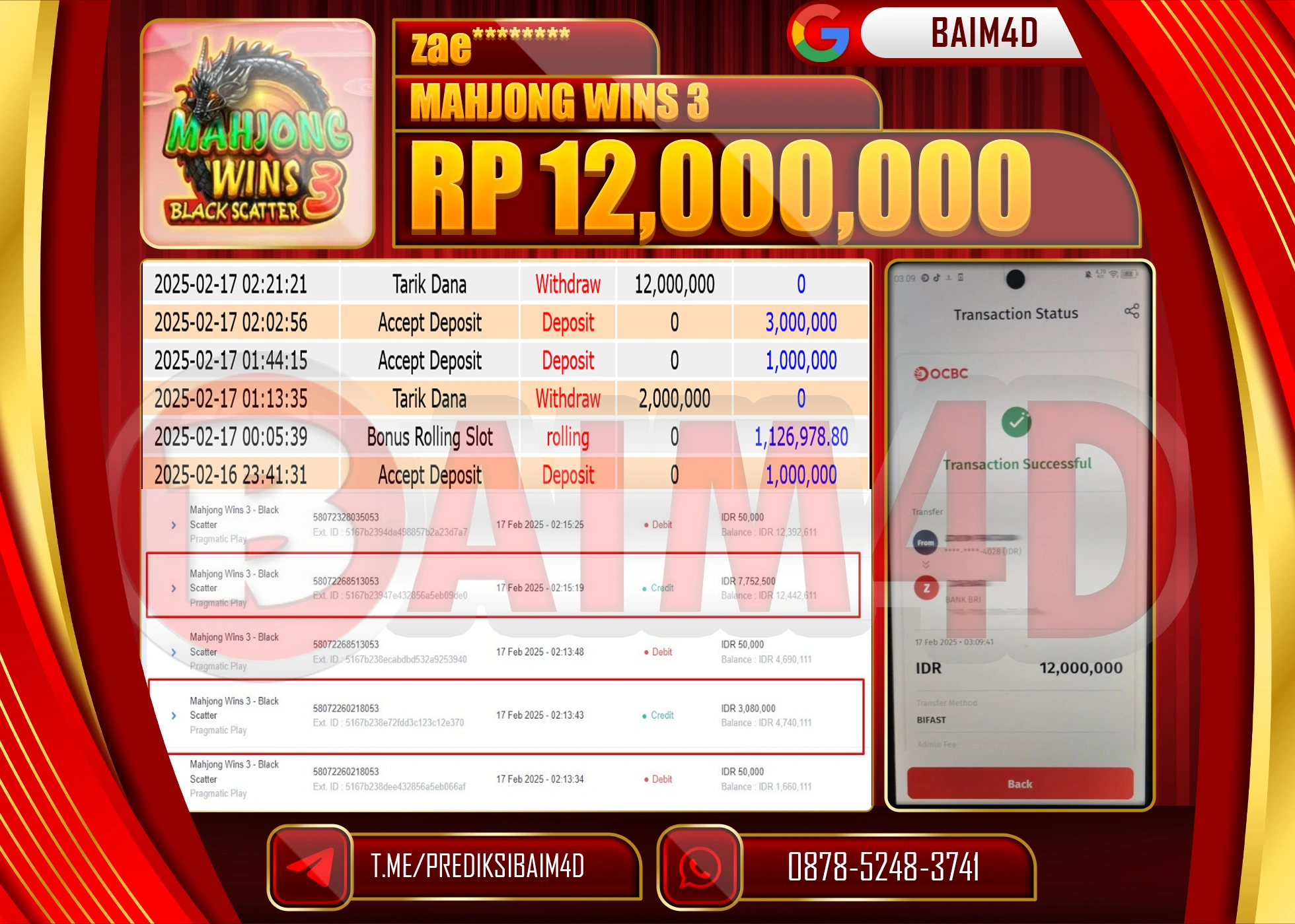 BAIM4D MENANG  MENANG MAHJONG WAYS 3   Rp.12,000,000.