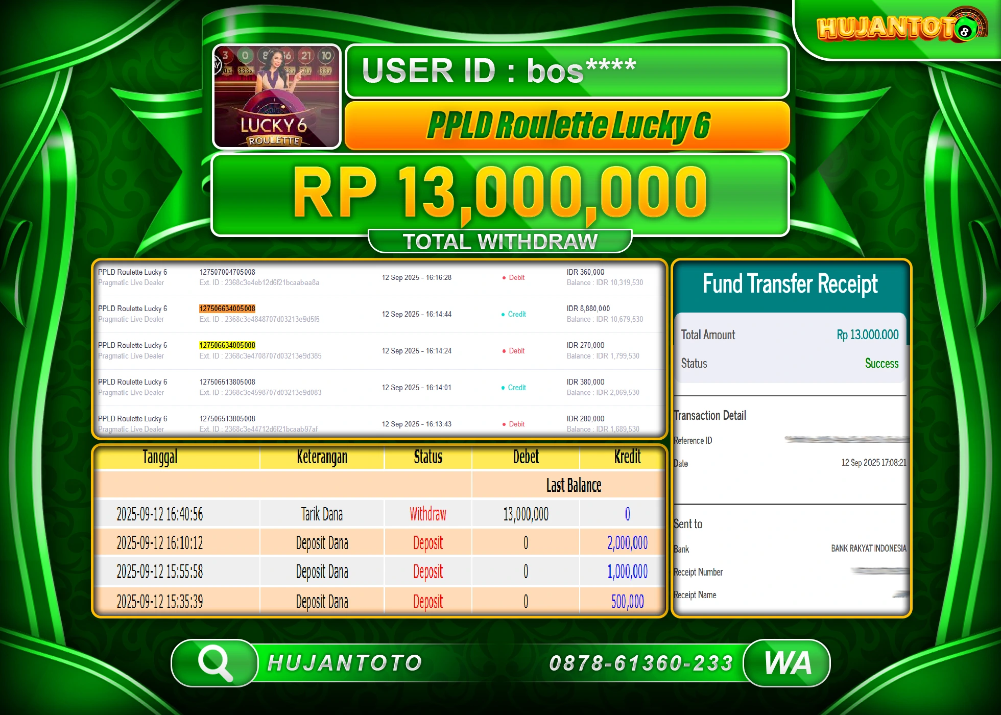 HUJANTOTO - BUKTI JACKPOT MENANG SLOT ROULETTE LUCKY 6 PRAGMATIC Rp.13,000,000 - TERBAYAR LUNAS