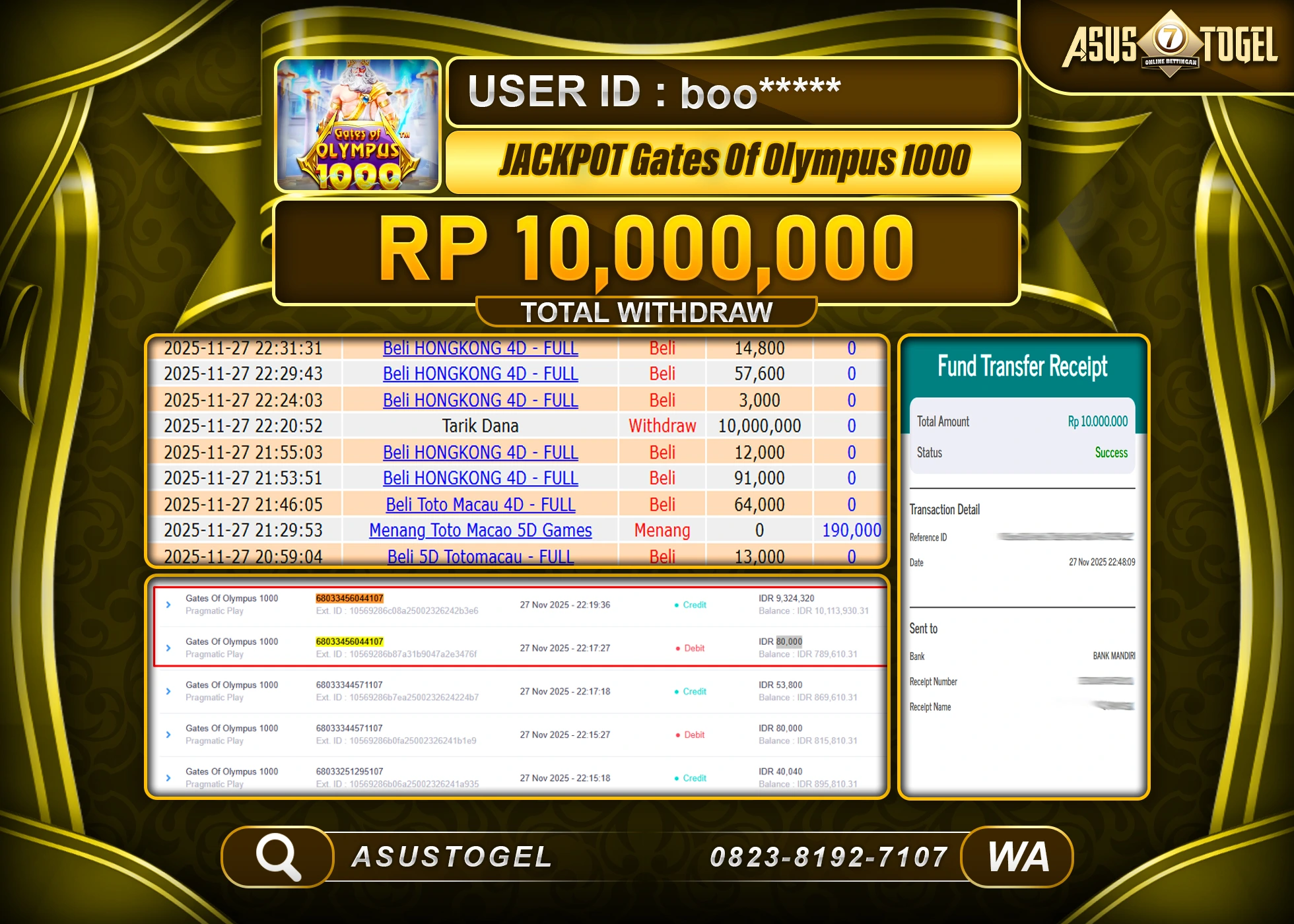 ASUSTOGEL KEMENANGAN DI SLOT GATES OF OLYMPUS 1000 SEBESAR 10,000,000 - RUPIAH LUNAS