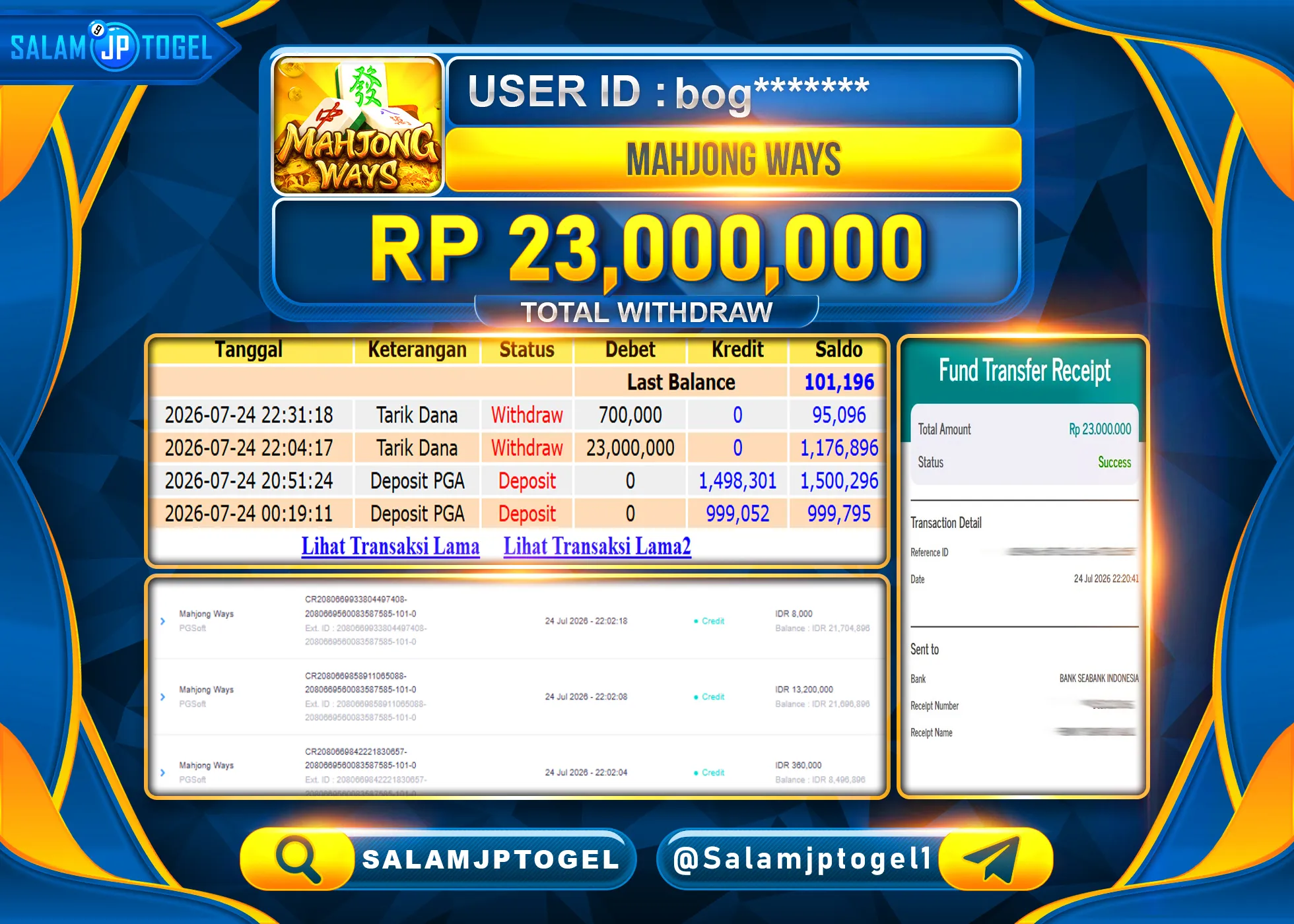 SALAMJPTOGEL JACKPOT MENANG SLOT MAHJONG WAYS PG SOFT Rp.23,000,000 - LUNAS