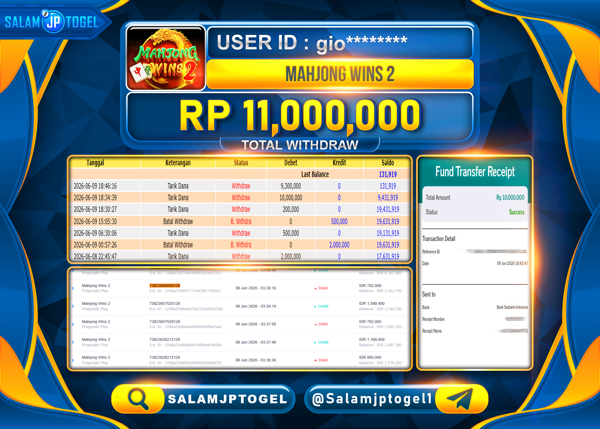 SALAMJPTOGEL JACKPOT MENANG Slot Mahjong Ways (PG Soft) Rp.11,000,000 - LUNAS