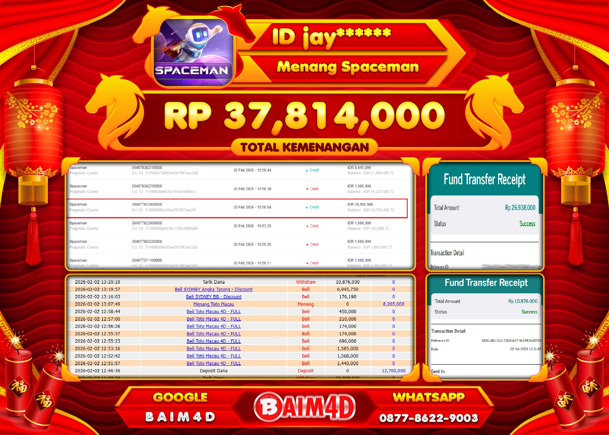 BAIM4D JACKPOT  SPACEMAN LIVEGAMES  Rp.37,814,000 - LUNAS