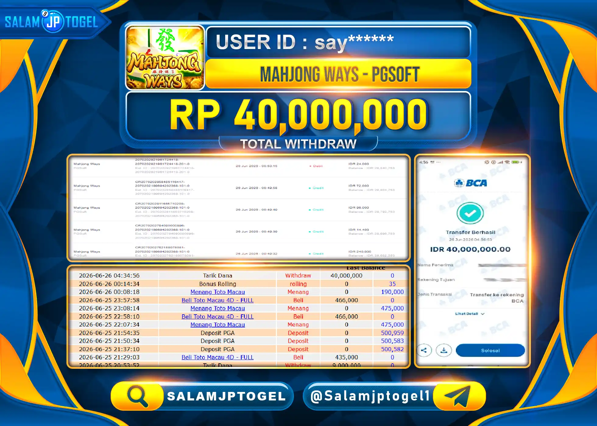 SALAMJPTOGEL MENANG SLOT GACOR MAHJONG WAYS - PG SOFT Rp.40,000,000- LUNAS