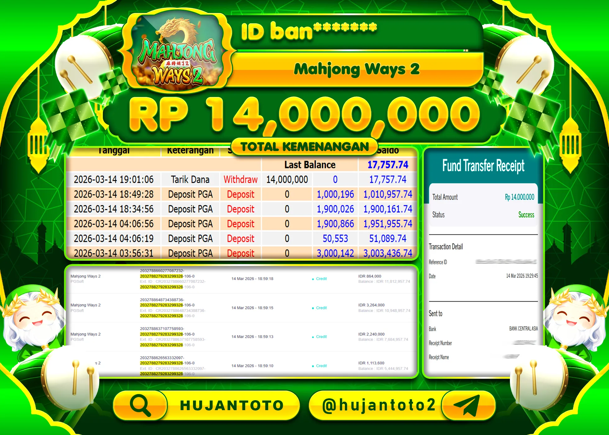 HUJANTOTO - BUKTI JACKPOT MENANG SLOT MAHJONG WAYS 2 Rp.14,000,000 - TERBAYAR LUNAS
