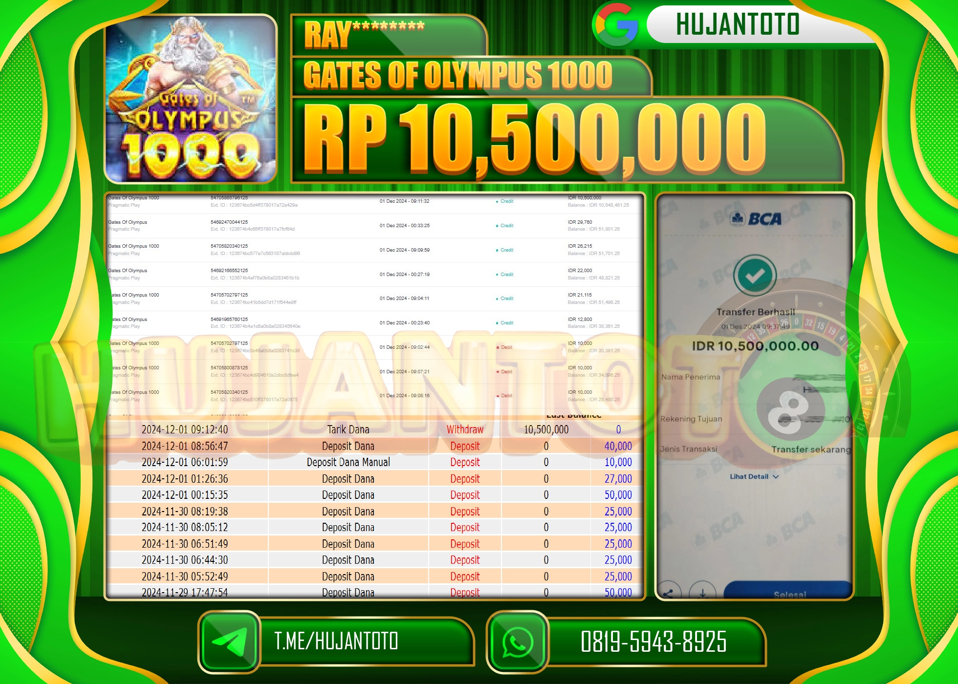 HUJANTOTO MENANG BESAR DI RAIH  PERMAINAN SLOT GATES OF OLYMPUS 1000 -10.500.000 - LUNAS 