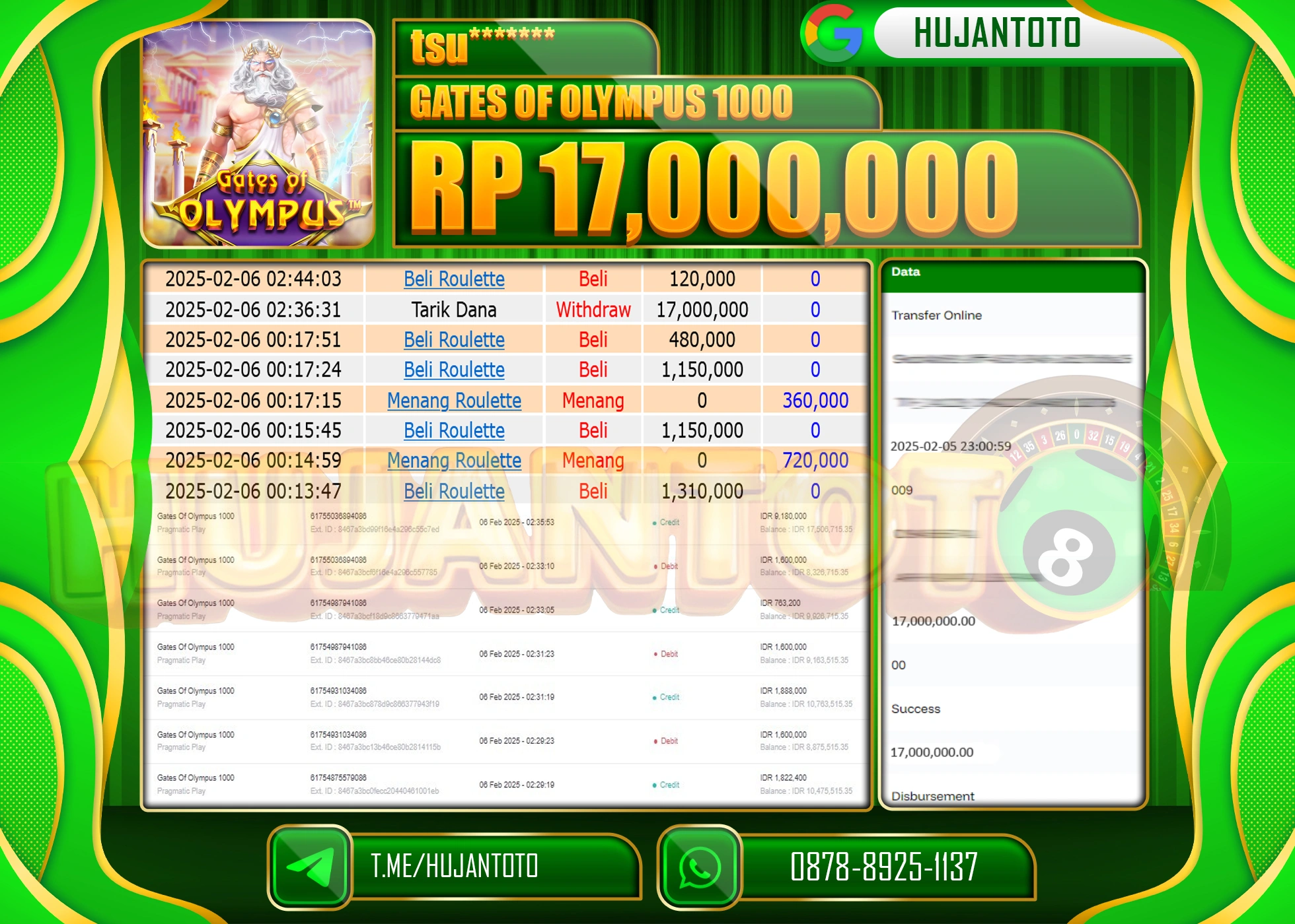 HUJANTOTO - BUKTI JACKPOT MENANG SLOT GATES OF OLYMPUS 1000 Rp,17,000,000 - TERBAYAR LUNAS