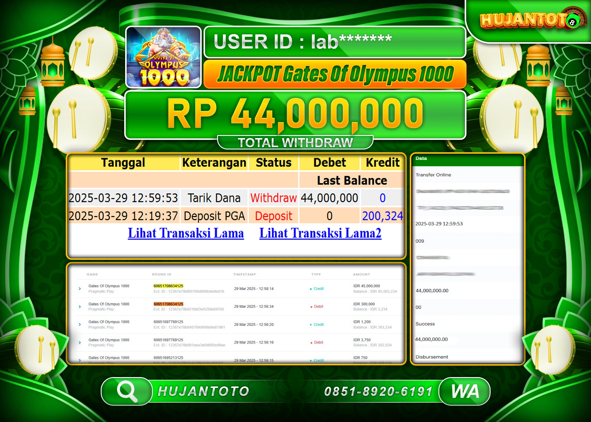 HUJANTOTO - BUKTI JACKPOT MENANG JACKPOT SLOT GATES OF OLYMPUS 1000 Rp,44,000,000 - TERBAYAR LUNAS
