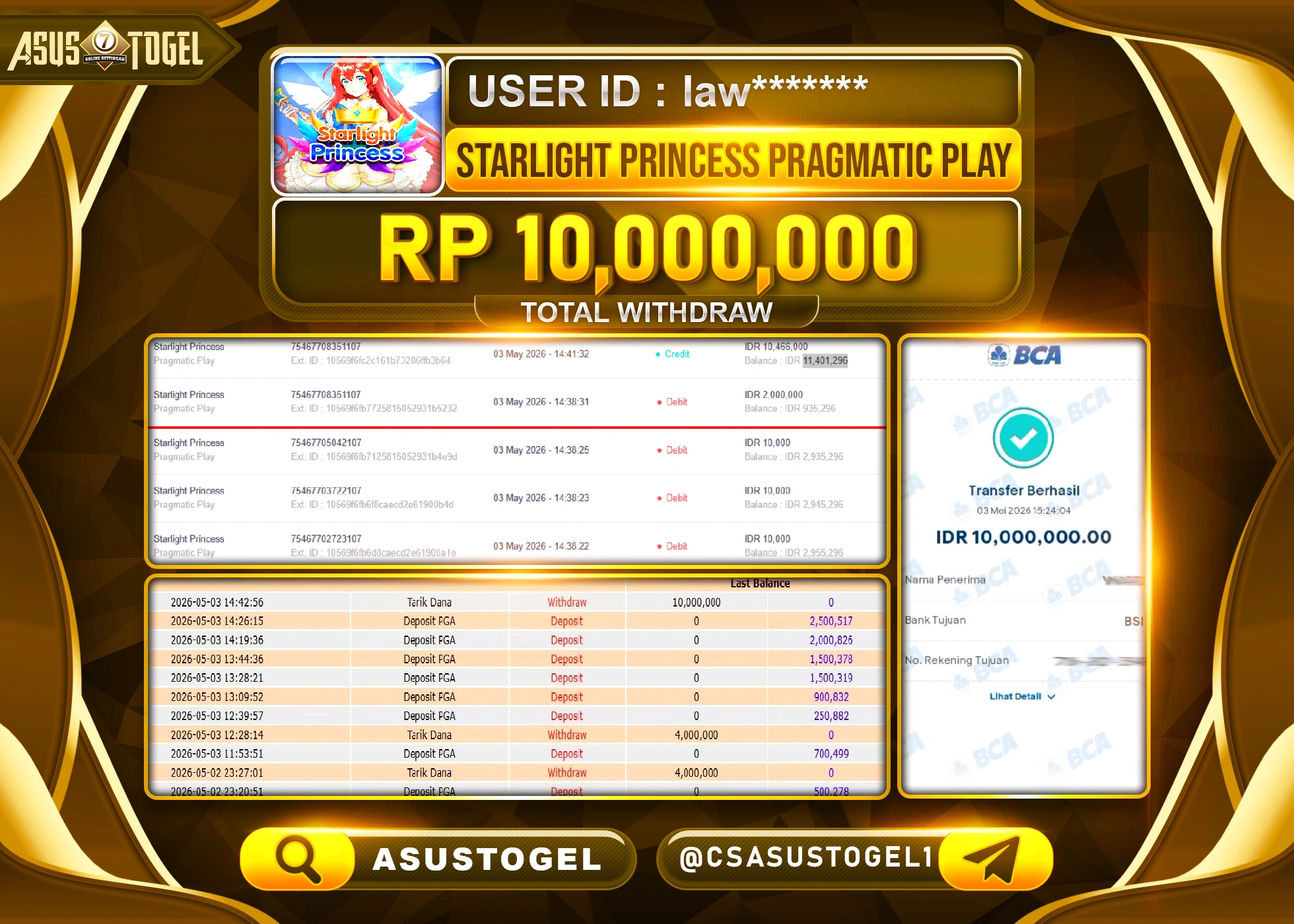 ASUSTOGEL KEMENANGAN JACKPOT DI PERMAINAN STARLIGHT PRINCESS SEBESAR Rp.10,000,000 - RUPIAH LUNAS