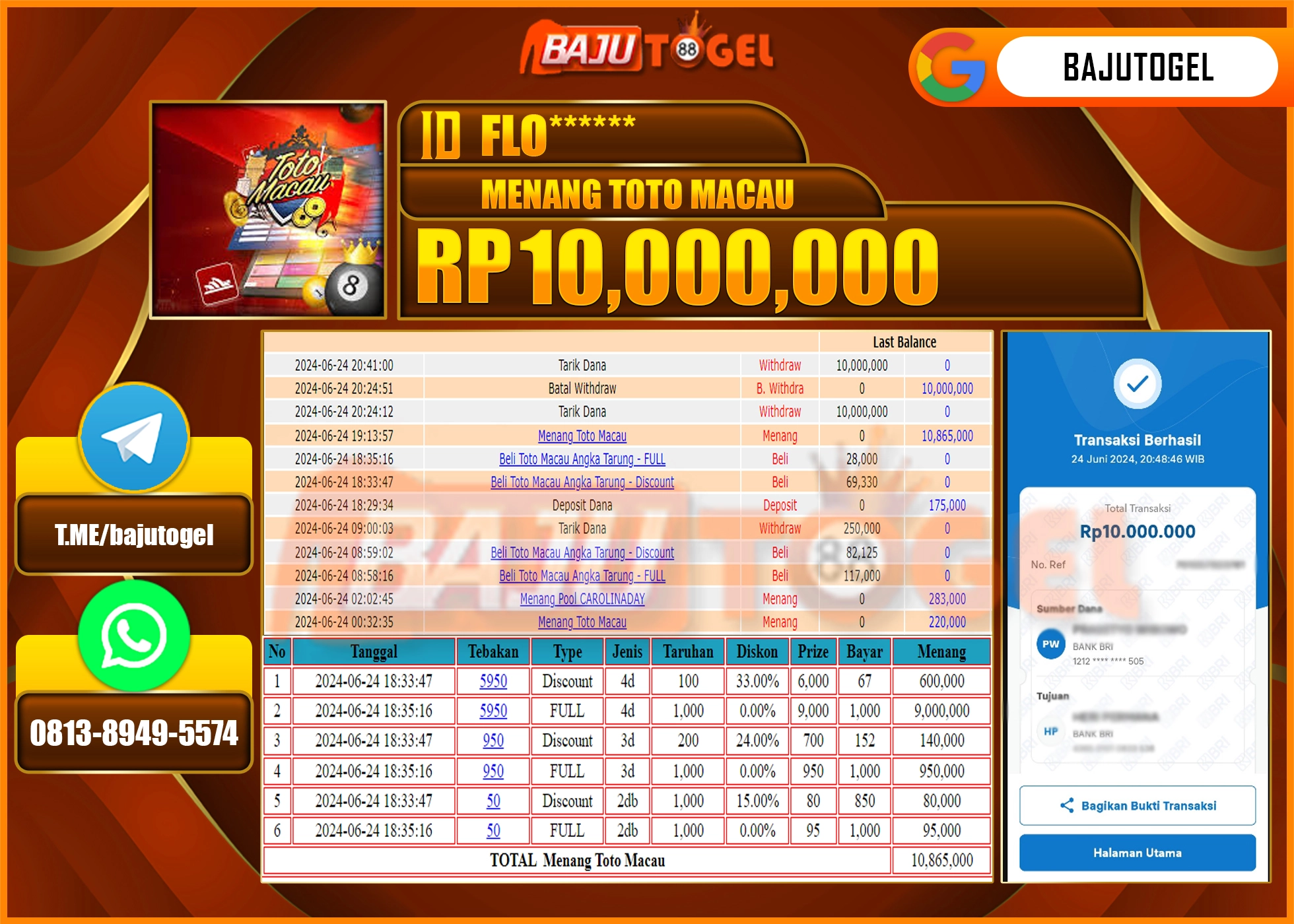BAJUTOGEL JACKPOT PASARAN TOTO MACAU Rp.10.000.000 LUNAS