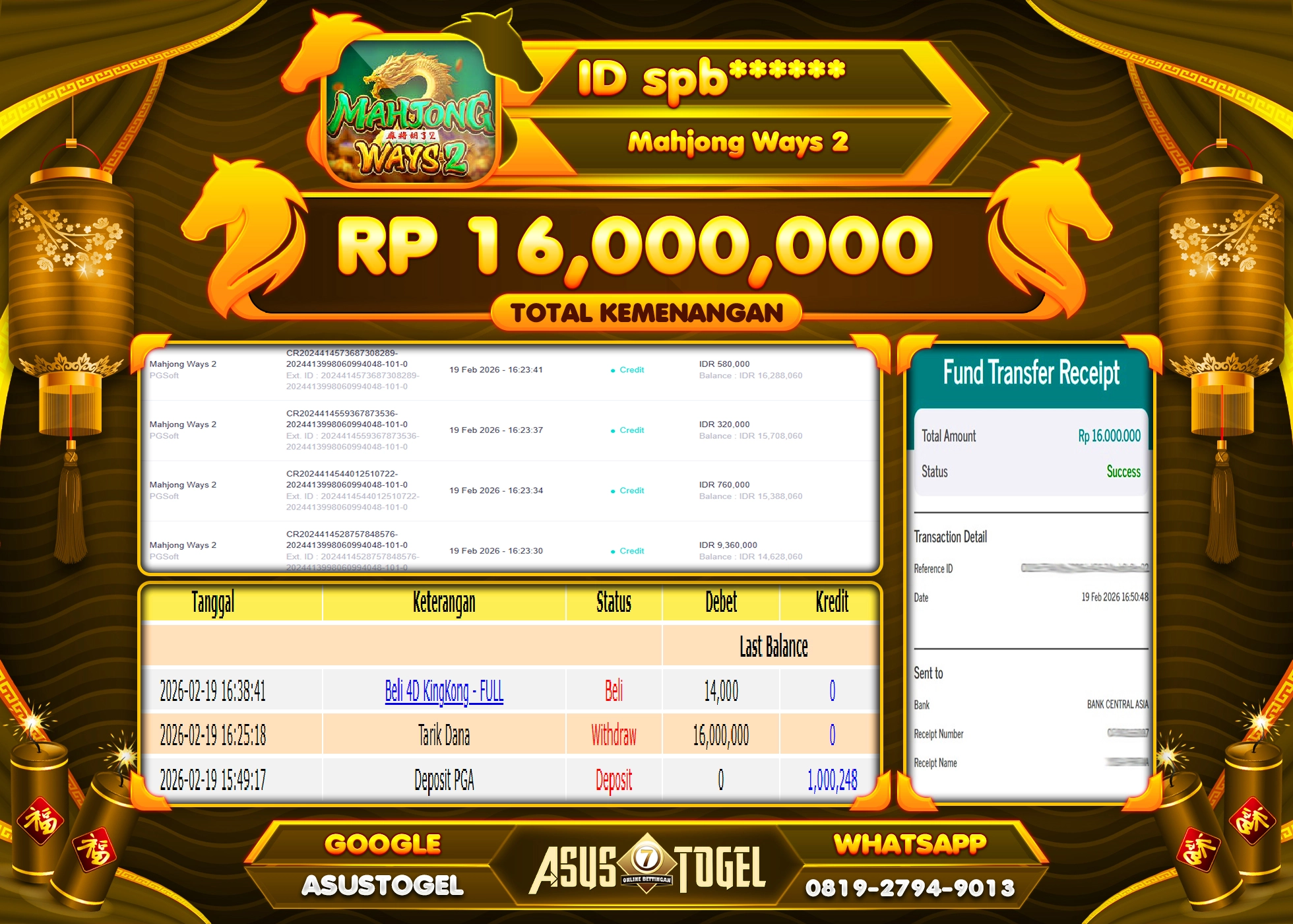 ASUSTOGEL KEMENANGAN DI SLOT MAHJONG WAYS 2 SEBESAR 16,000,000 - RUPIAH LUNAS