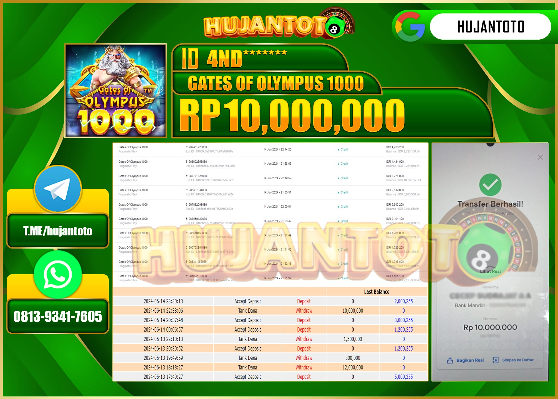 HUJANTOTO MENANG DI GATES OF OLYMPUS 1000 10.000.000 - LUNAS 