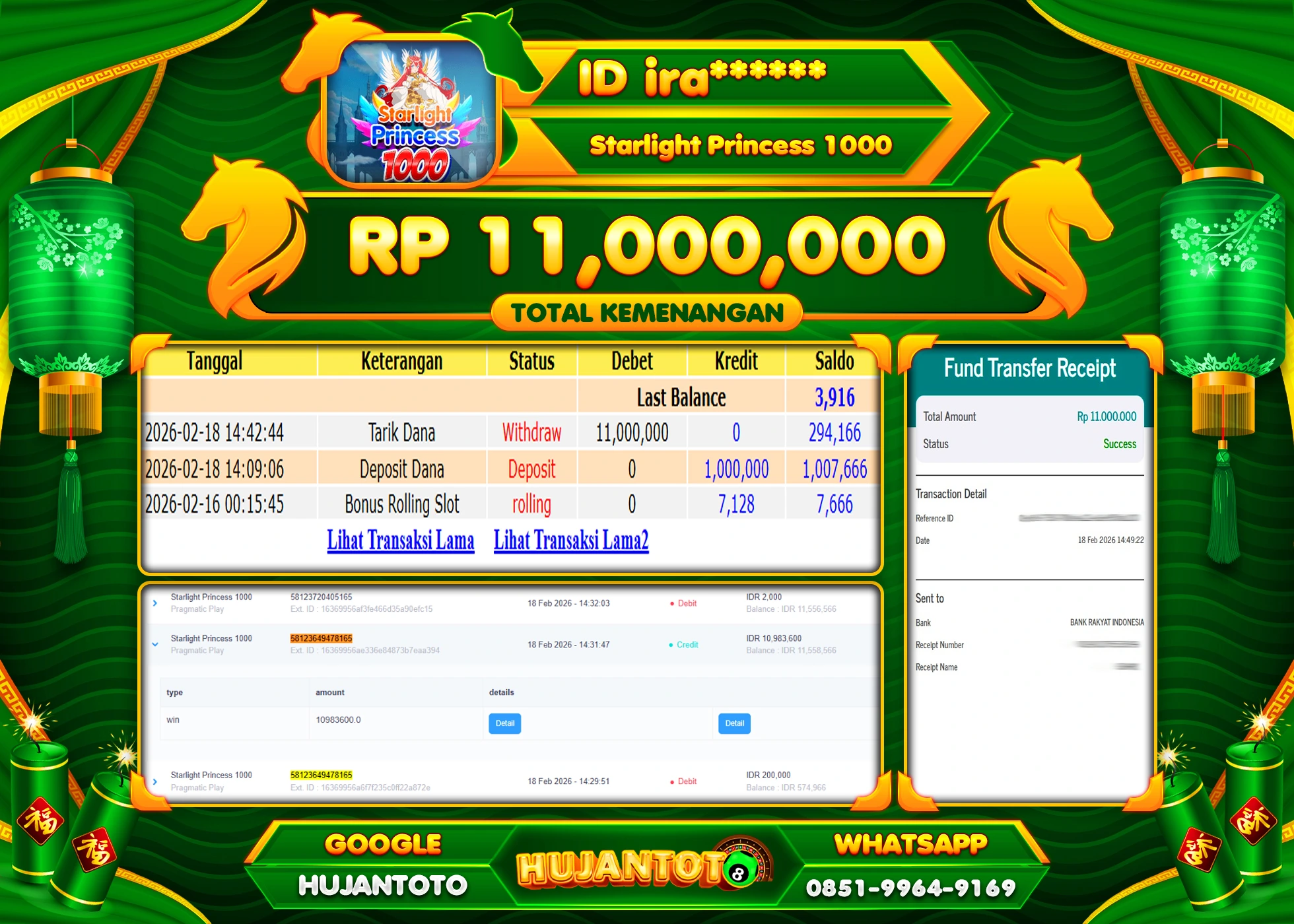 HUJANTOTO - BUKTI JACKPOT MENANG SLOT STARLIGHT PRINCESS 1000 Rp.11,000,000 - TERBAYAR LUNAS
