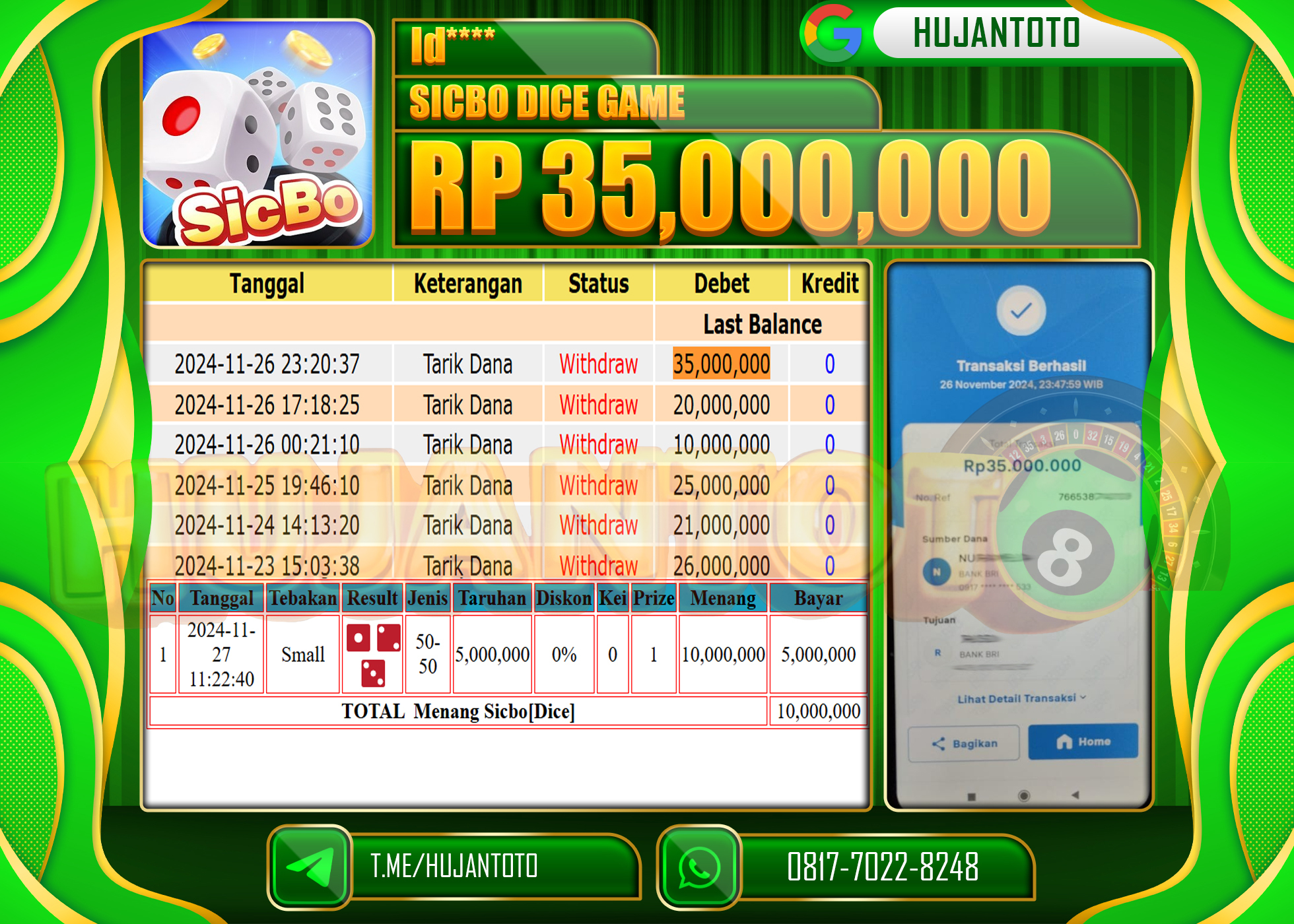 HUJANTOTO KEMENANGAN JACKPOT  BESAR DI LIVE GAME SICBO DICE GAMES SEBESAR  - 35,000,000 - LUNAS