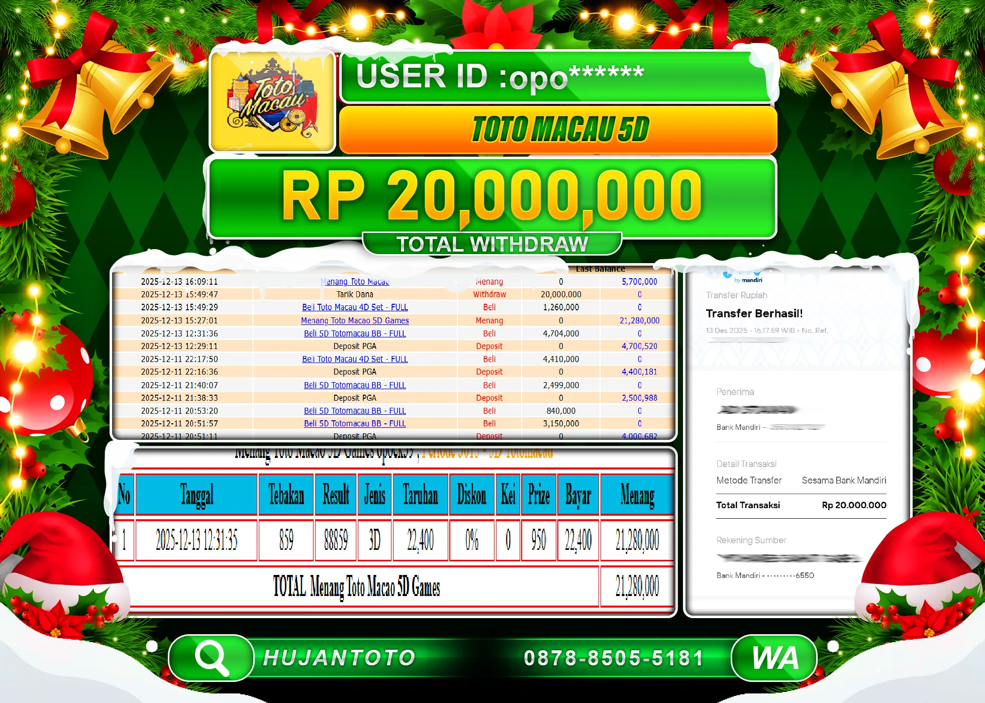 HUJANTOTO - BUKTI JACKPOT MENANG TOGEL TOTO MACAU 5D Rp.20,000,000 - TERBAYAR LUNAS