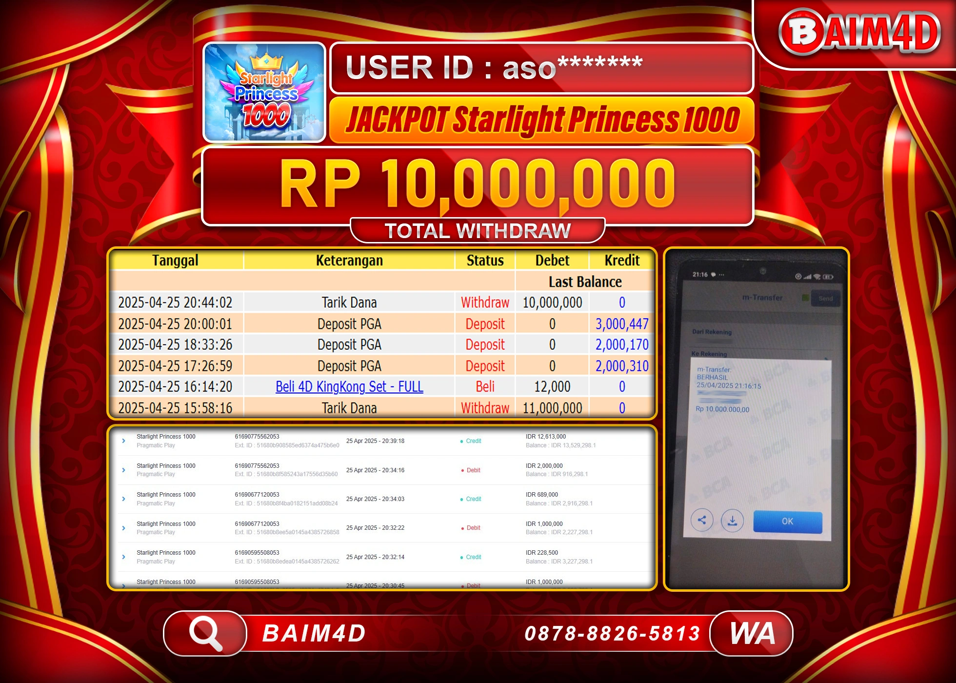 BAIM4D JACKPOT STARLIGHT PRINCESS 1000 Rp.10.000,000.- LUNAS