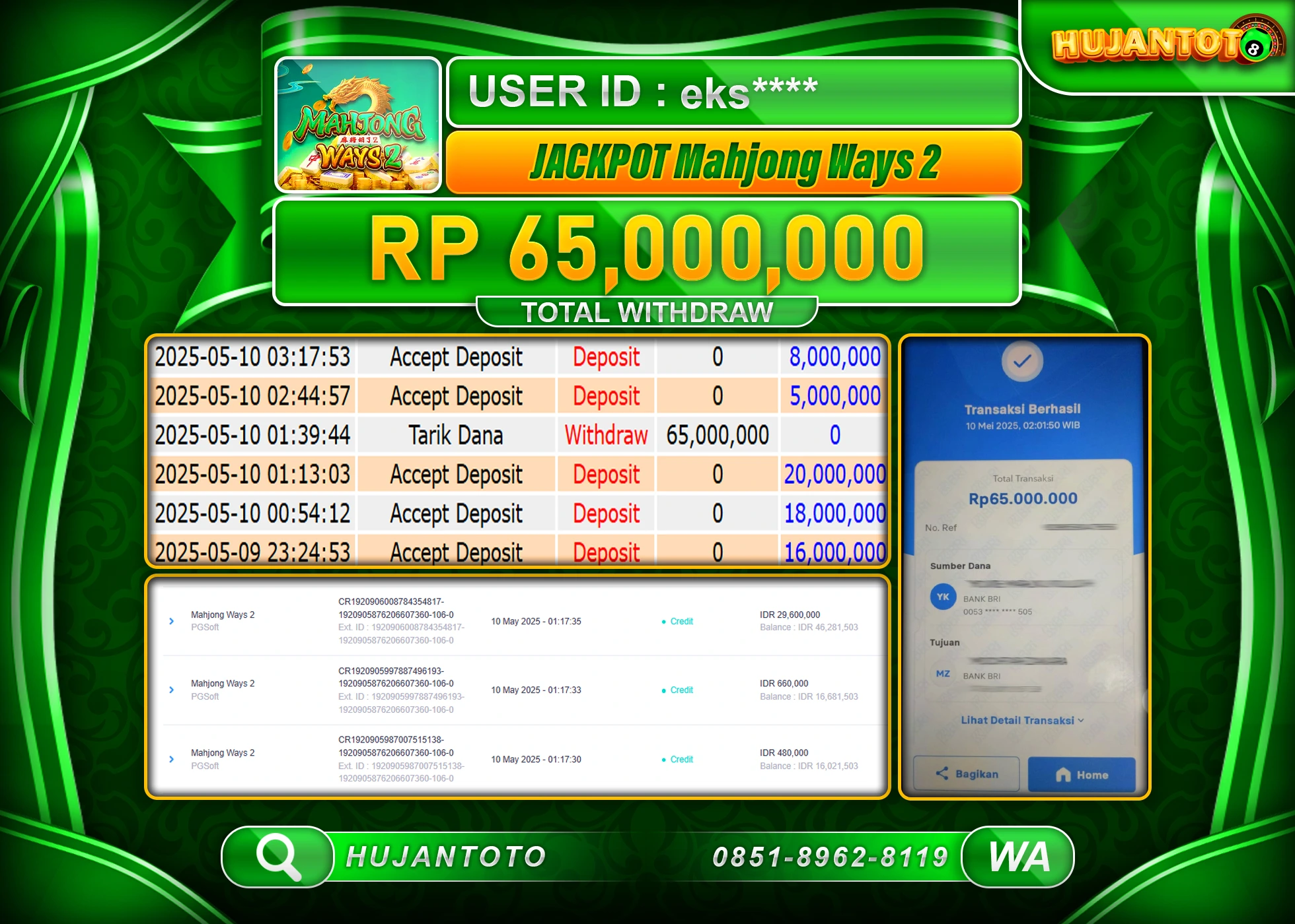 HUJANTOTO - BUKTI JACKPOT MENANG SLOT MAHJONG WAYS 2 Rp,65,000,000 - TERBAYAR LUNAS