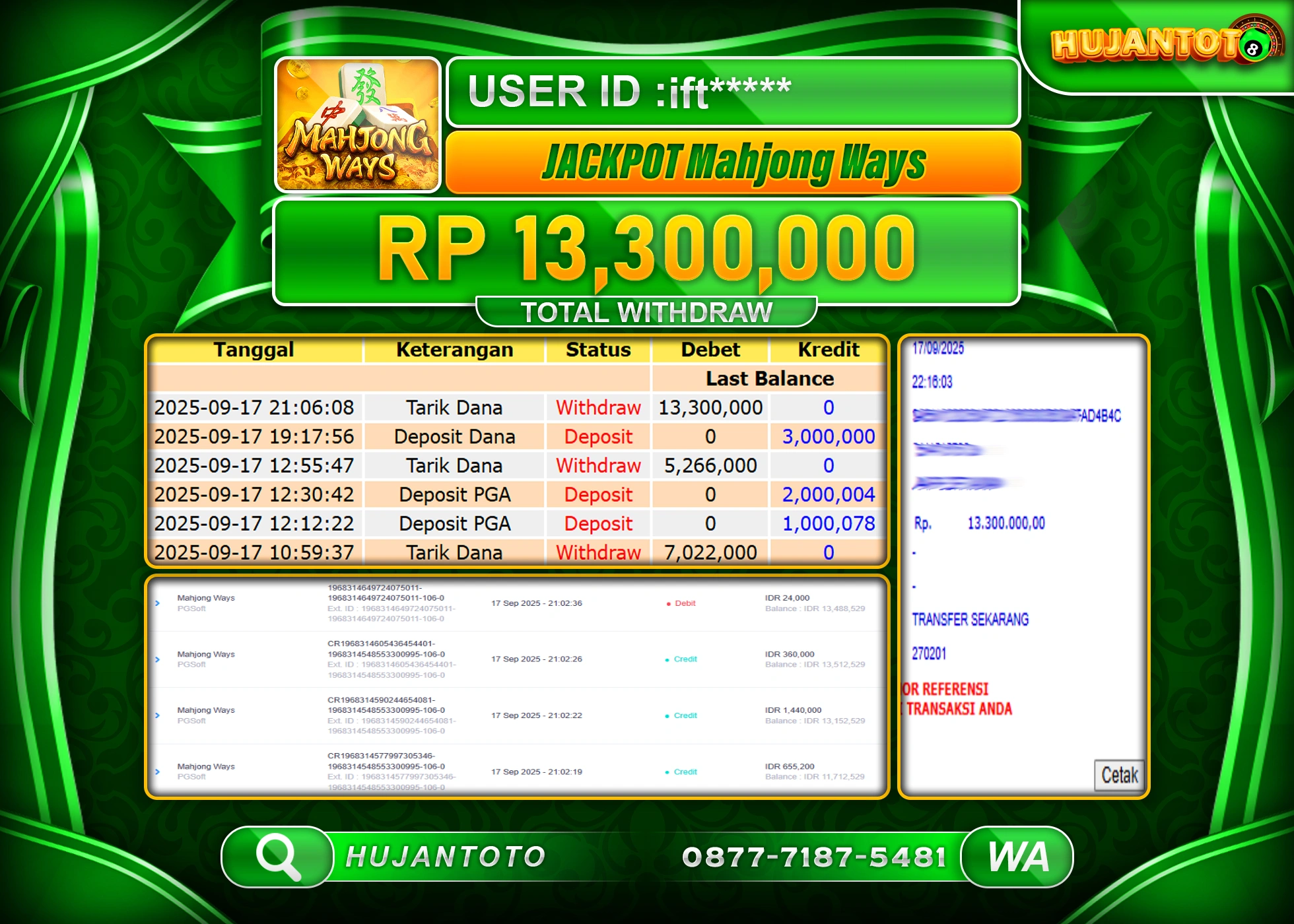 HUJANTOTO - BUKTI JACKPOT MENANG SLOT MAHJONG WAYS Rp.13,300,000 - TERBAYAR LUNAS