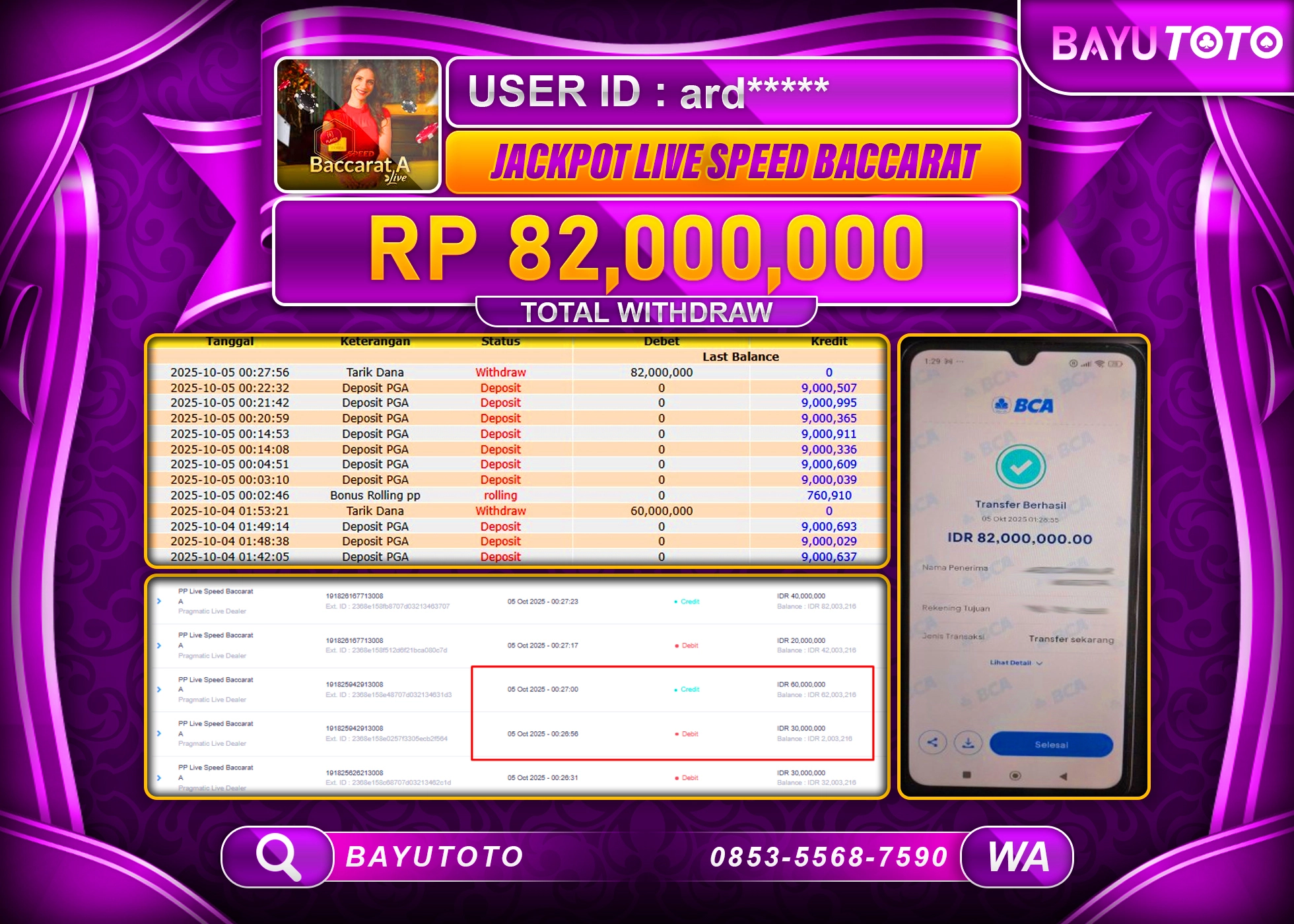 BAYUTOTO JACKPOT DI GAME  LIVEGAMES PP LIVE SPEED BACCARAT  Rp.82,000,000 LUNAS