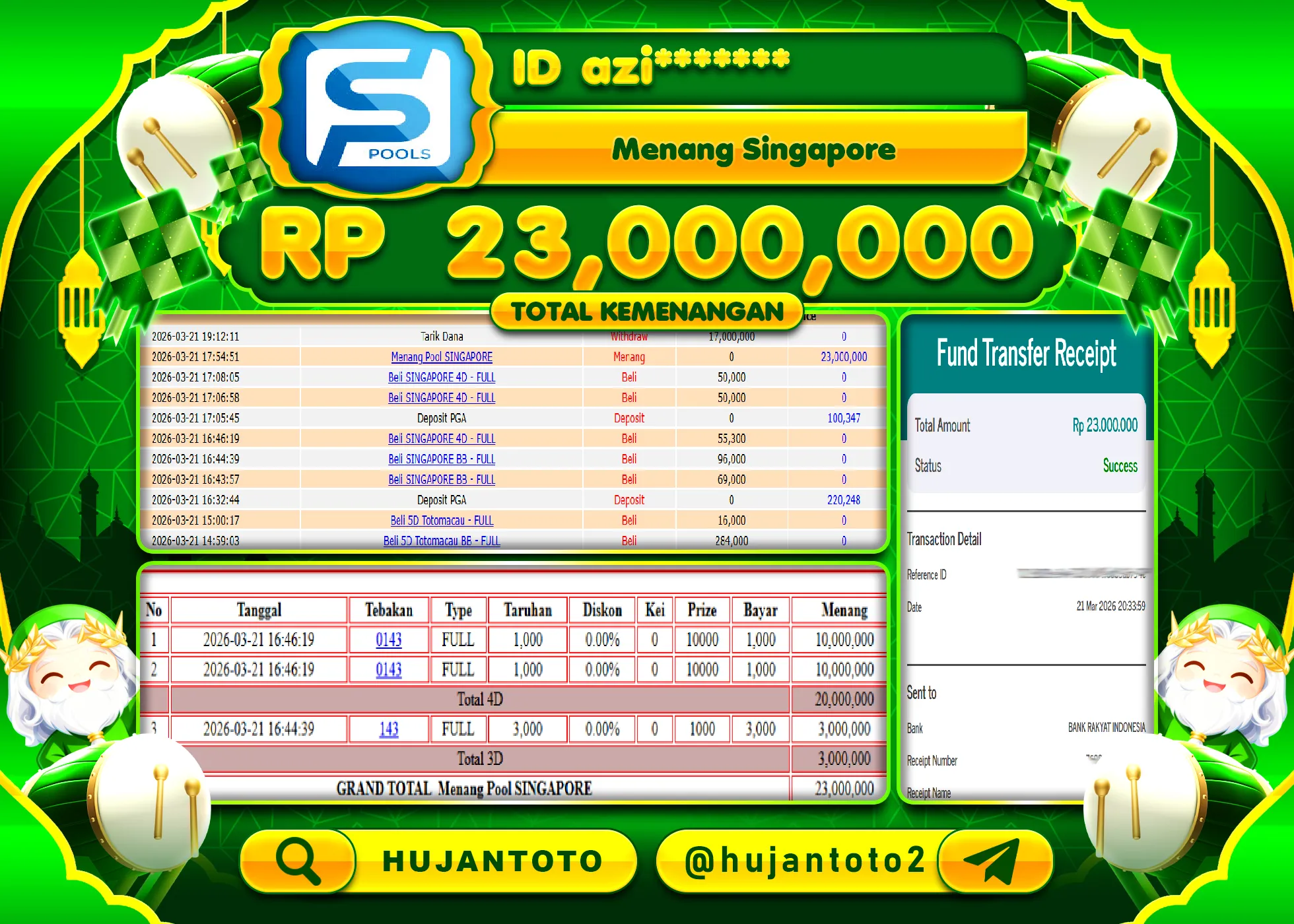 HUJANTOTO - BUKTI JACKPOT MENANG TOGEL SINGAPORE POOLS Rp.23,000,000 - TERBAYAR LUNAS