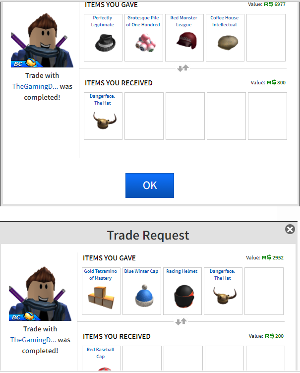 Roblox Tells Me My Account Wasn T Compromised When It Was Clearly - screenshots of just 2 of the 6 trades