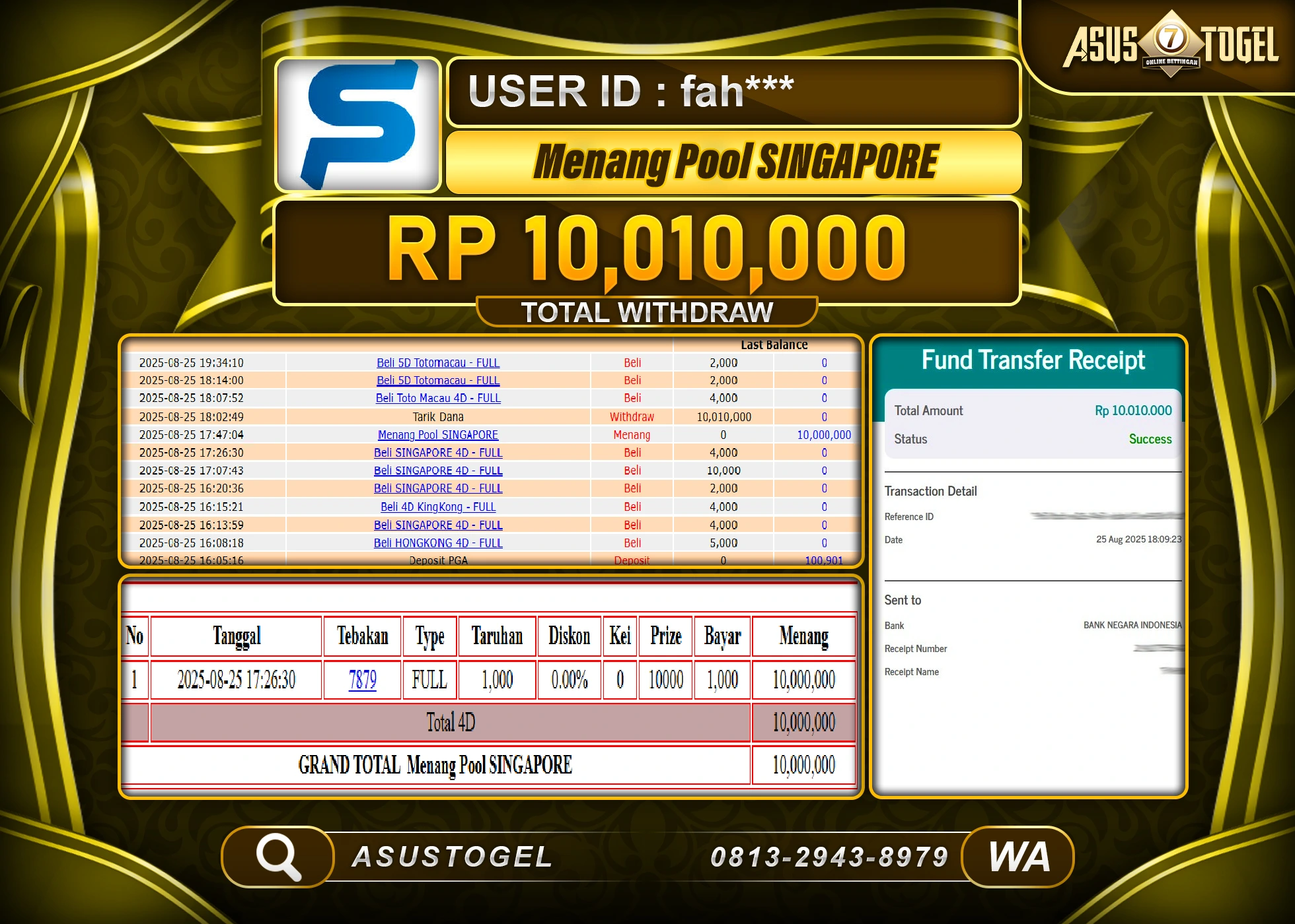ASUSTOGEL KEMENANGAN DI TOGEL SINGAPORE POOL SEBESAR 10,010,000- RUPIAH LUNAS
