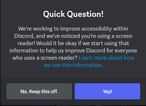 Discord popup when using a screen reader