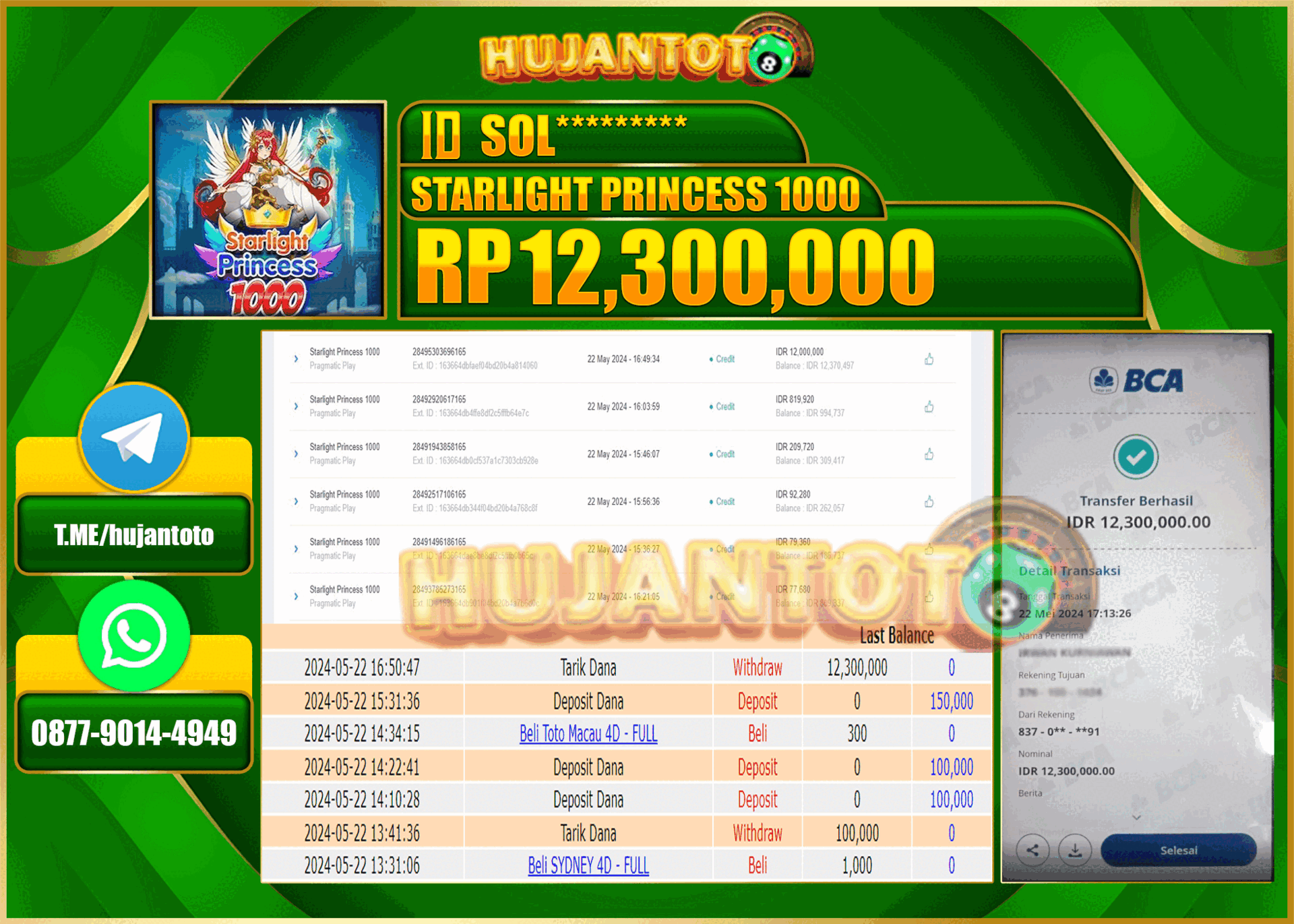 HUJANTOTO MENANG DI STARLIGHT PRINCES, 12,300,000 - LUNAS 