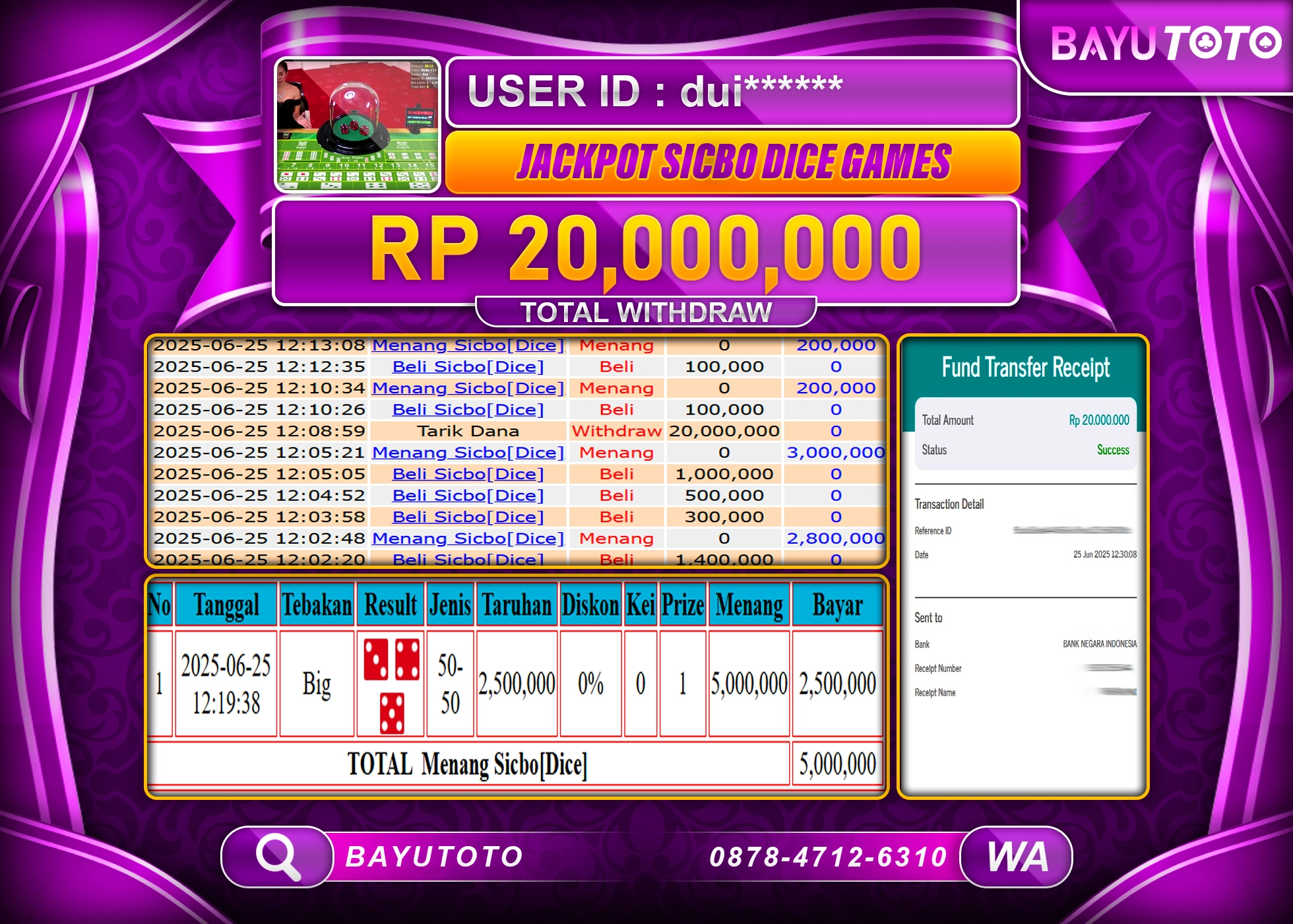 BAYUTOTO JACKPOT DI LIVE GAMES Sicbo[Dice] Rp.20,000,000 LUNAS