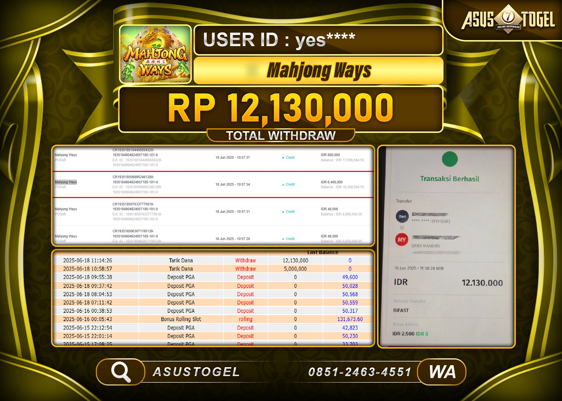 ASUSTOGEL KEMENANGAN DI SLOT MAHJONG WAYS SEBESAR 12,130,000- RUPIAH LUNAS