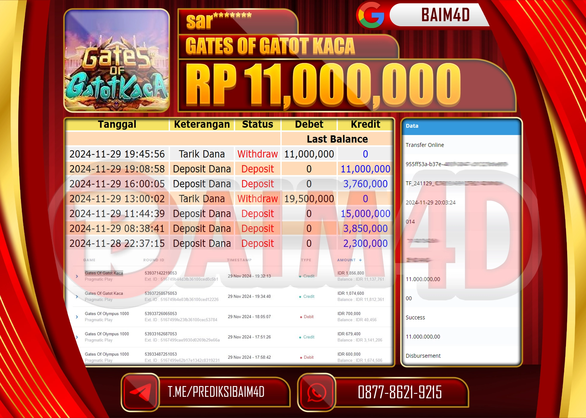 BAIM4D JACKPOT Gates Of Gatot Kaca Pragmatic Play Rp.11.000,000.- LUNAS