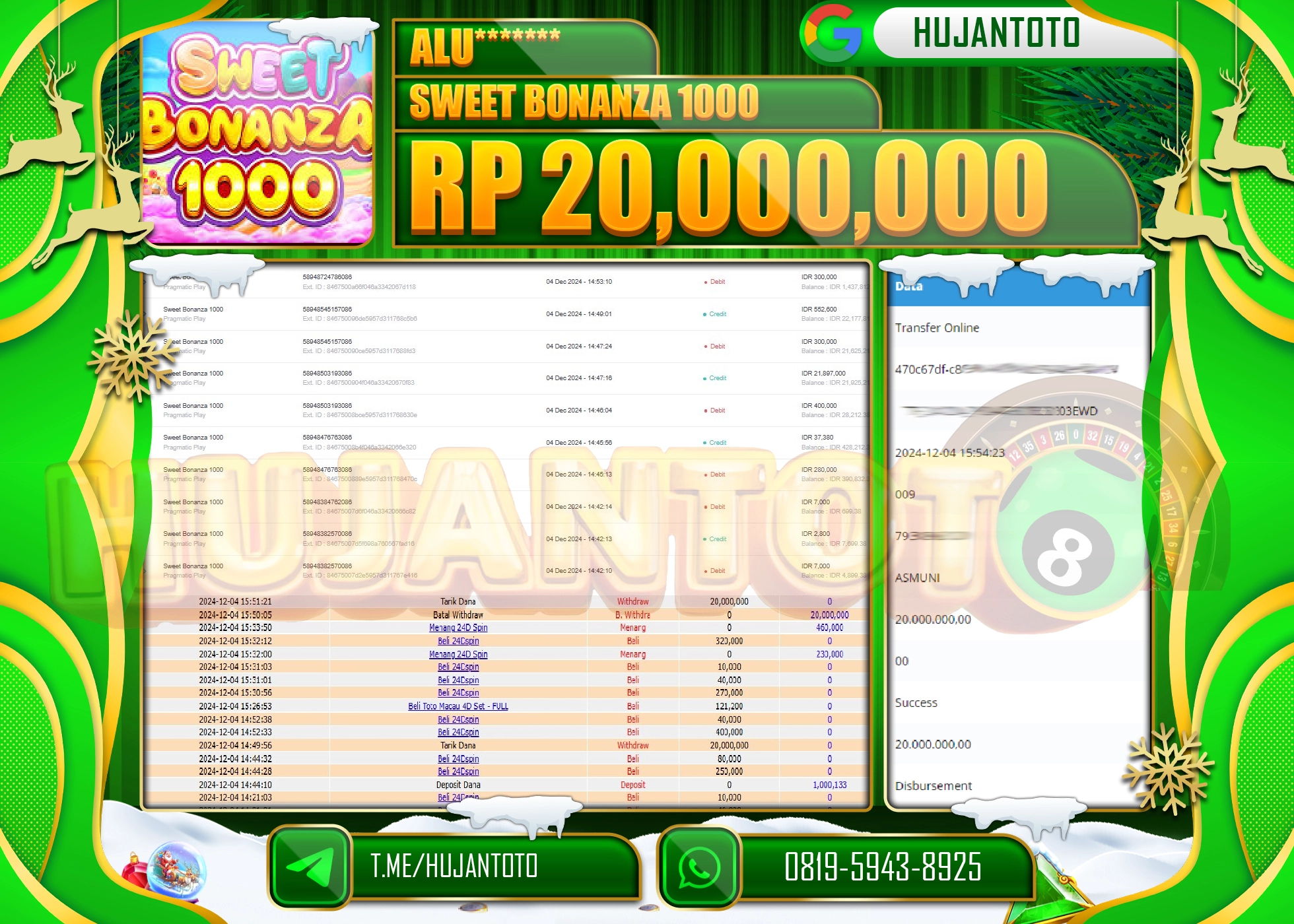 HUJANTOTO MENANG BESAR YANG  DI RAIH DI PERMAINAN SLOT GAME SWEET BONANZA 1000 SEBESAR  - 20,000,000 - LUNAS 