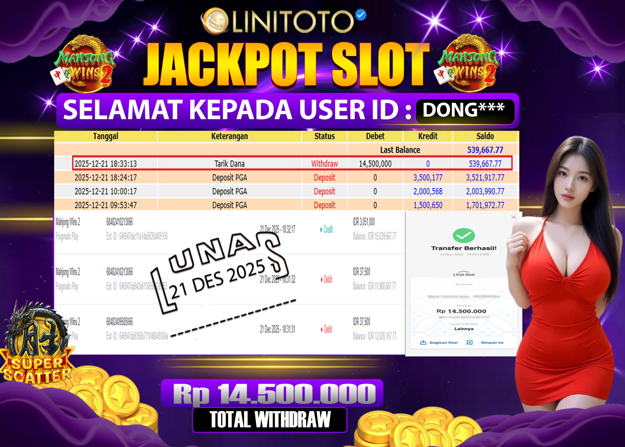 LINITOTO JACKPOT SLOT Mahjong Wins 2 Rp.14,500,000 - LUNAS