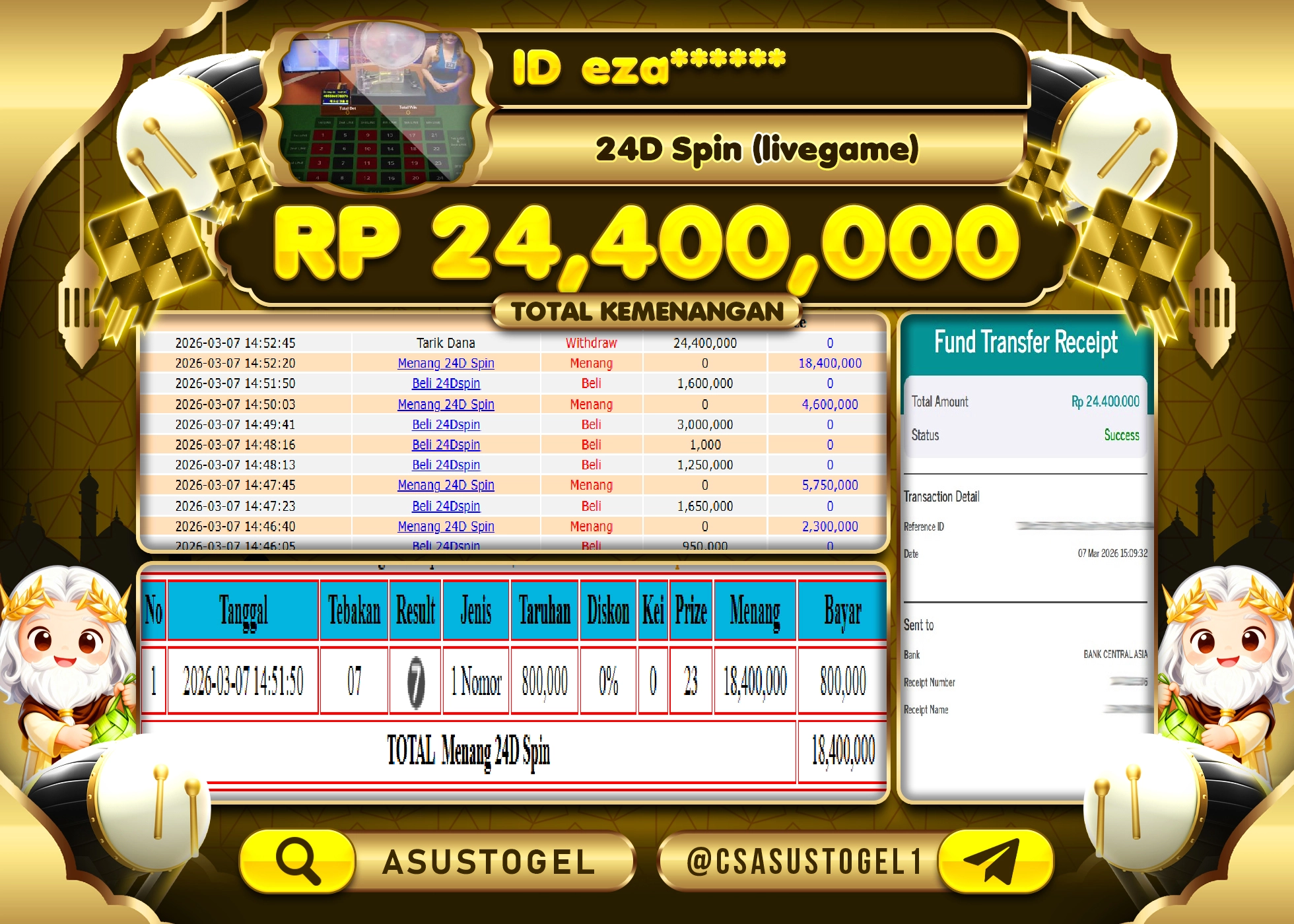 ASUSTOGEL KEMENANGAN DI LIVE GAMES 24D SPIN SEBESAR 24,400,000 - RUPIAH LUNAS