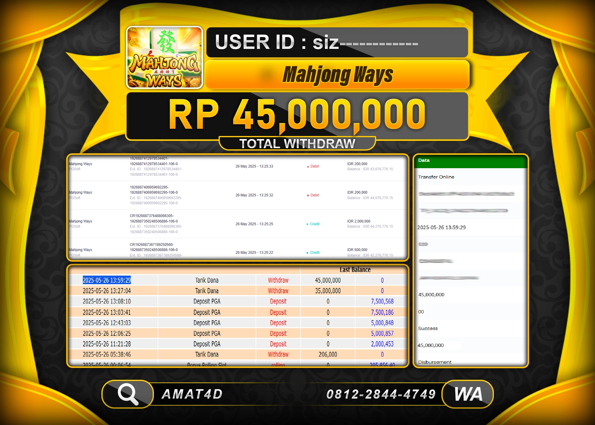 AMAT4D KEMENANGAN JACKPOT MAHJONG WAYS Rp.45.000.000 LUNAS