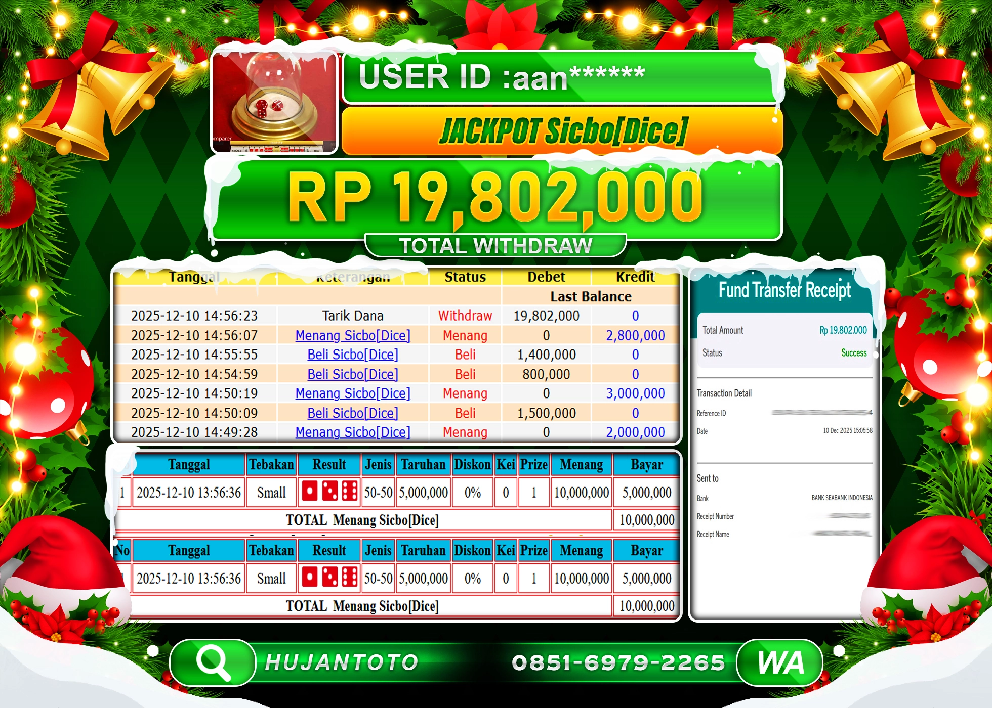 HUJANTOTO - BUKTI JACKPOT MENANG LIVEGAME SICBO {DICE) GAME Rp.19,802,000 - TERBAYAR LUNAS