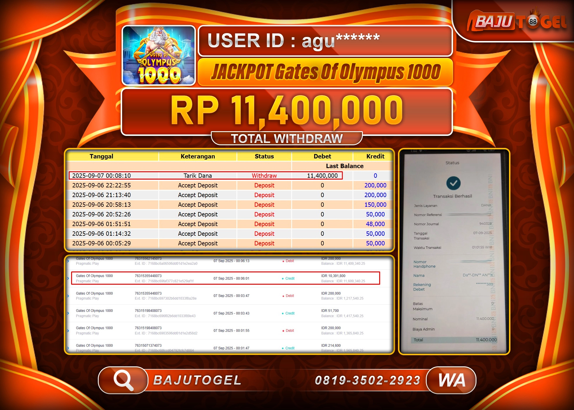 BAJUTOGEL KEMENANGAN GATES OF OLYMPUS 1000 Rp.11.400.000 LUNAS