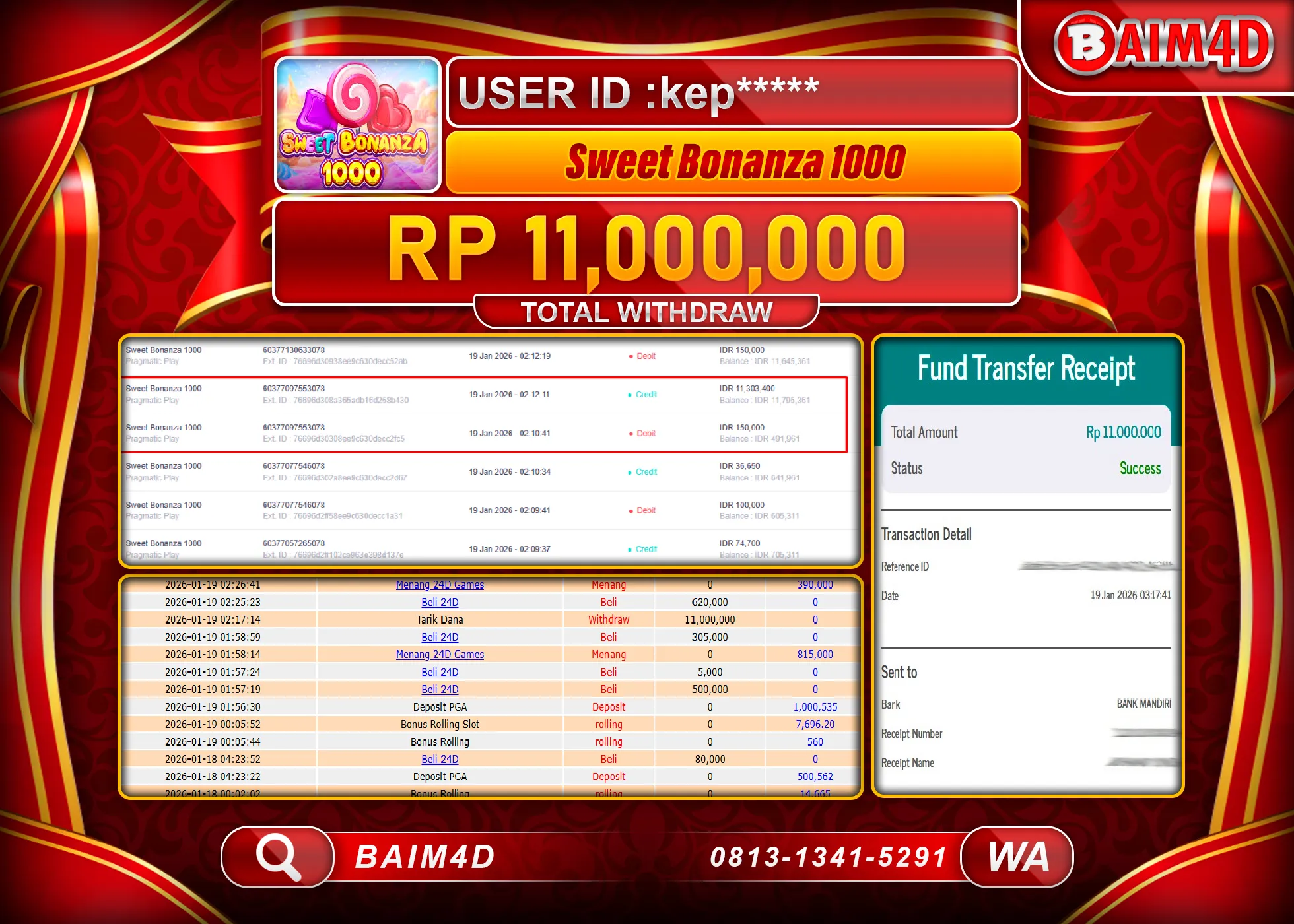 BAIM4D JACKPOT SLOT SWEET BONANZA 1000 Rp.11,000,000 - LUNAS