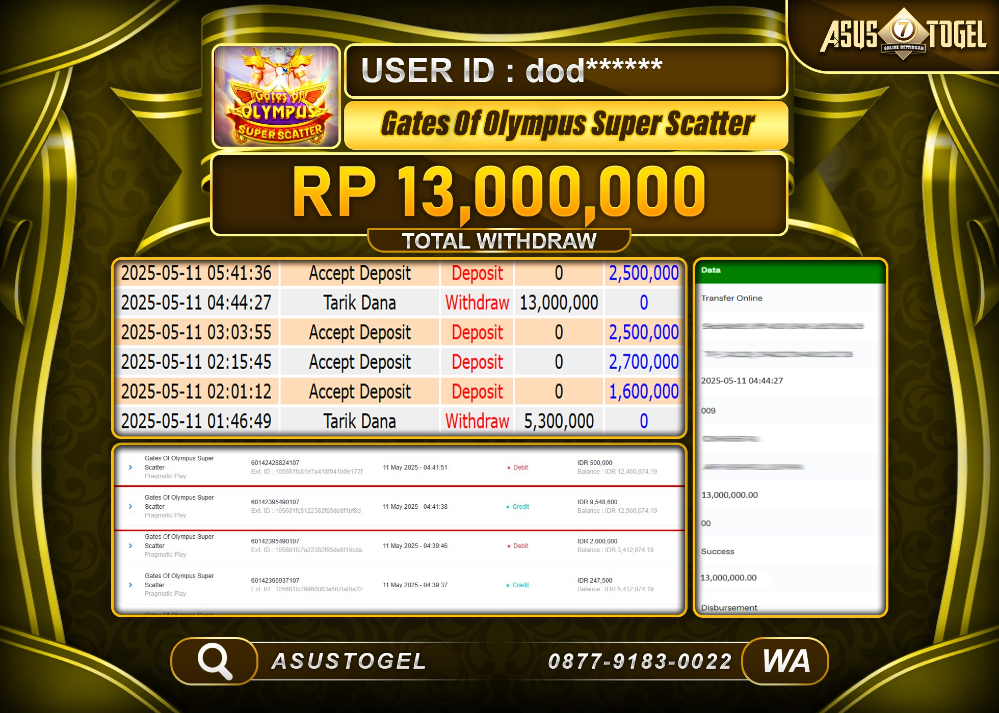 ASUSTOGEL KEMENANGAN DI SLOT GATES OF OLYMPUS SUPER SCATTER SEBESAR 13,000,000- RUPIAH LUNAS