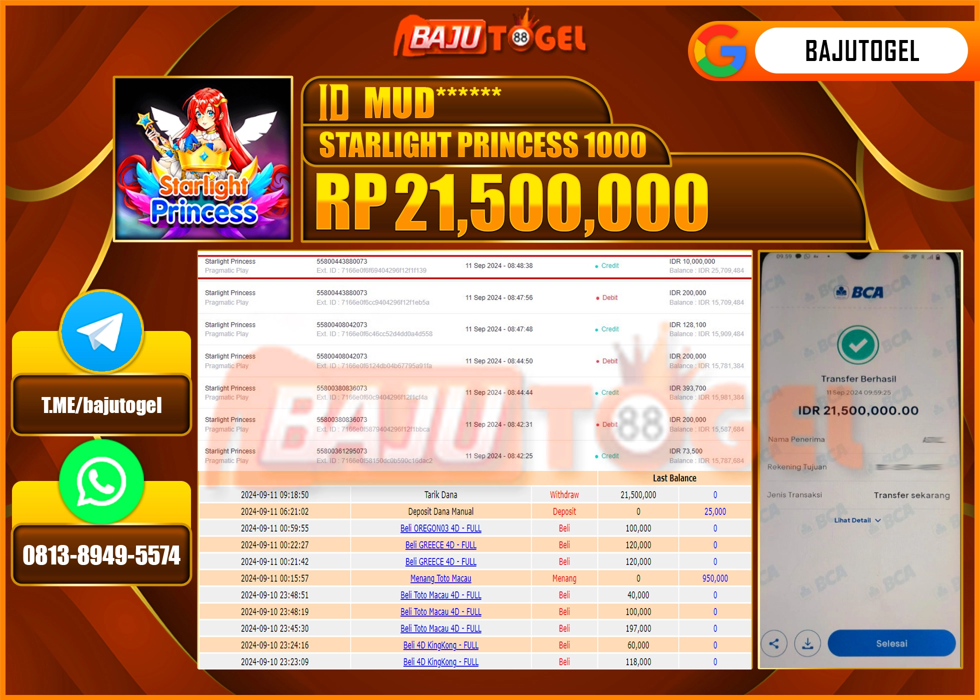 BAJUTOGEL JACKPOT STARLIGHT PRINCESS 1000 Rp.21.500.000 LUNAS