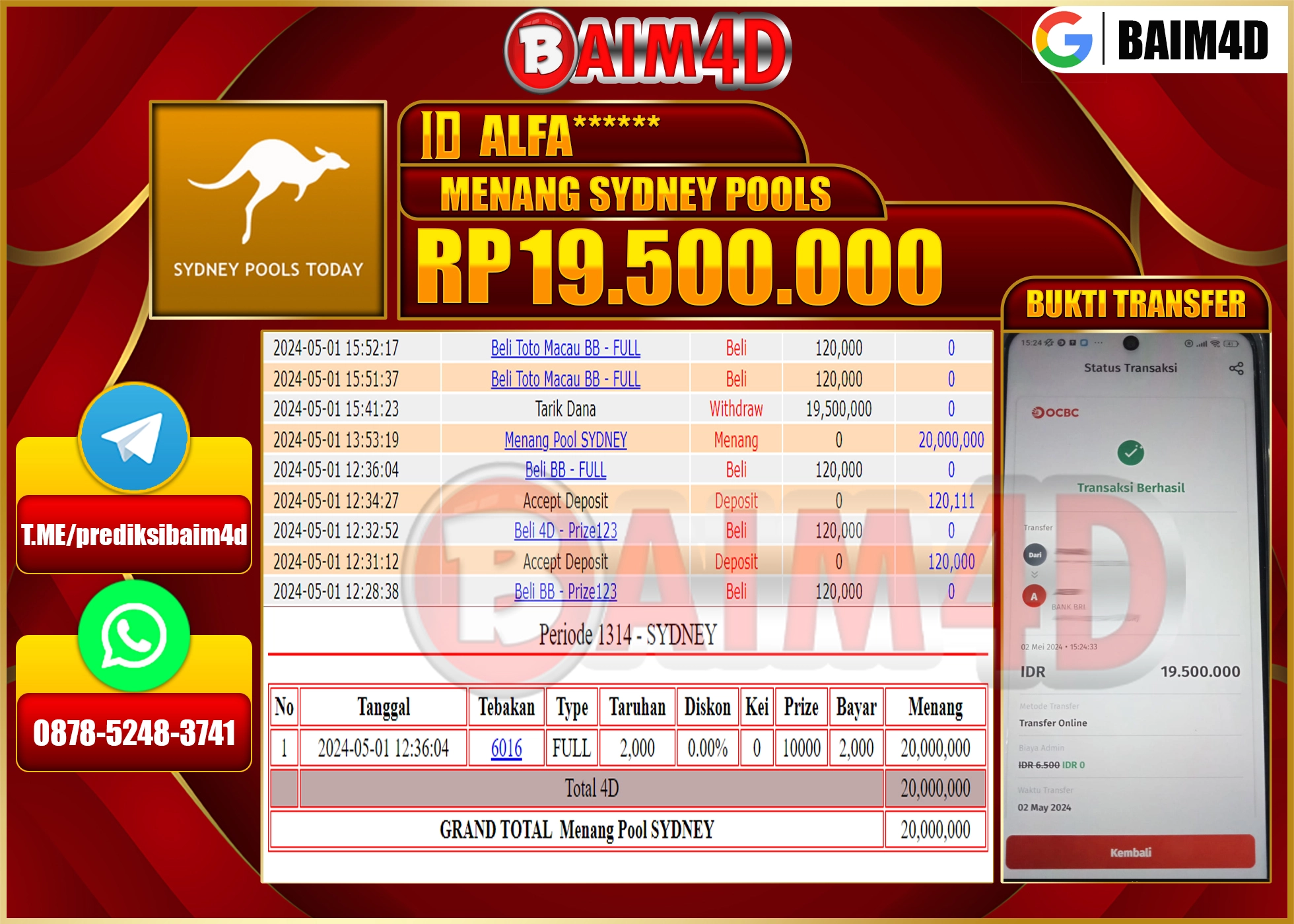 BAIM4D JACKPOT POOLS SYDNEY Rp.19,500,000.,- LUNAS