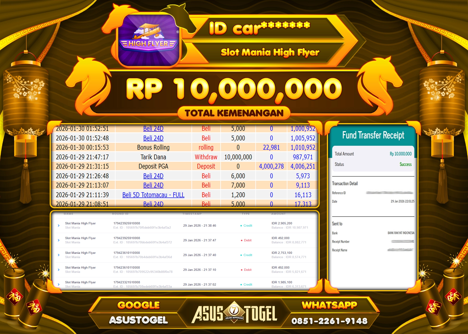 ASUSTOGEL KEMENANGAN DI SLOT MANIA HIGH FLYER SEBESAR 10,000,000 - RUPIAH LUNAS