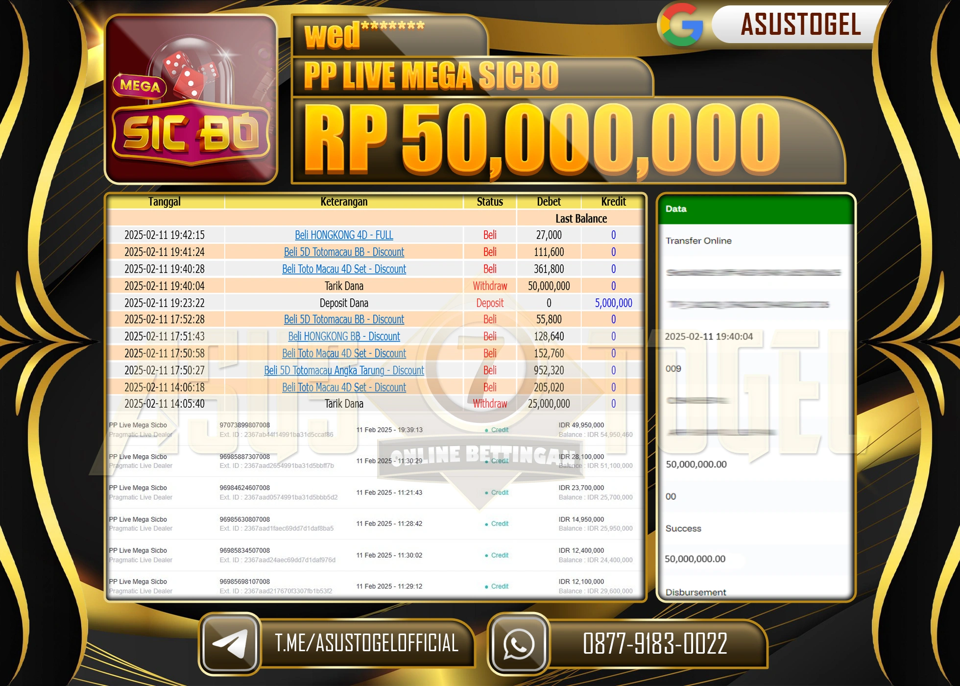 ASUSTOGEL KEMENANGAN DI PP LIVE MEGA SICBO SEBESAR 50.000.000 - RUPIAH LUNAS