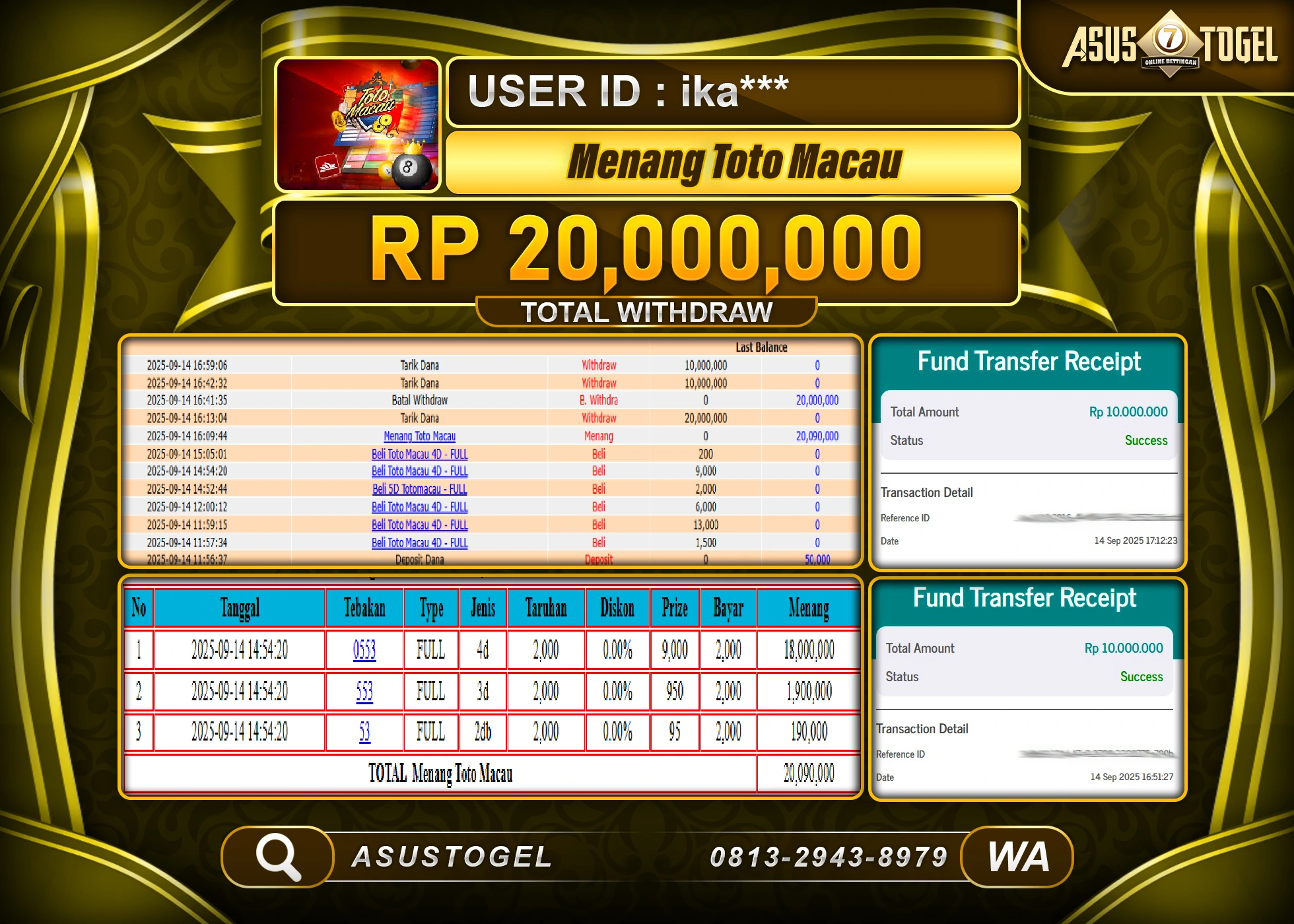 SUSTOGEL KEMENANGAN DI TOGEL TOTO MACAU 4D SEBESAR 20,000,000- RUPIAH LUNAS