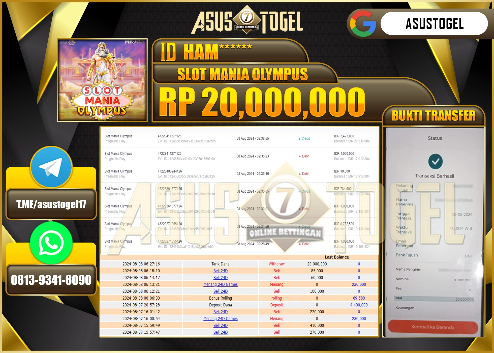 ASUSTOGEL KEMENANGAN DI  SLOT      MENANG      MANIA     OLYMPUS       SEBESAR 20,000,000- RUPIAH LUNAS