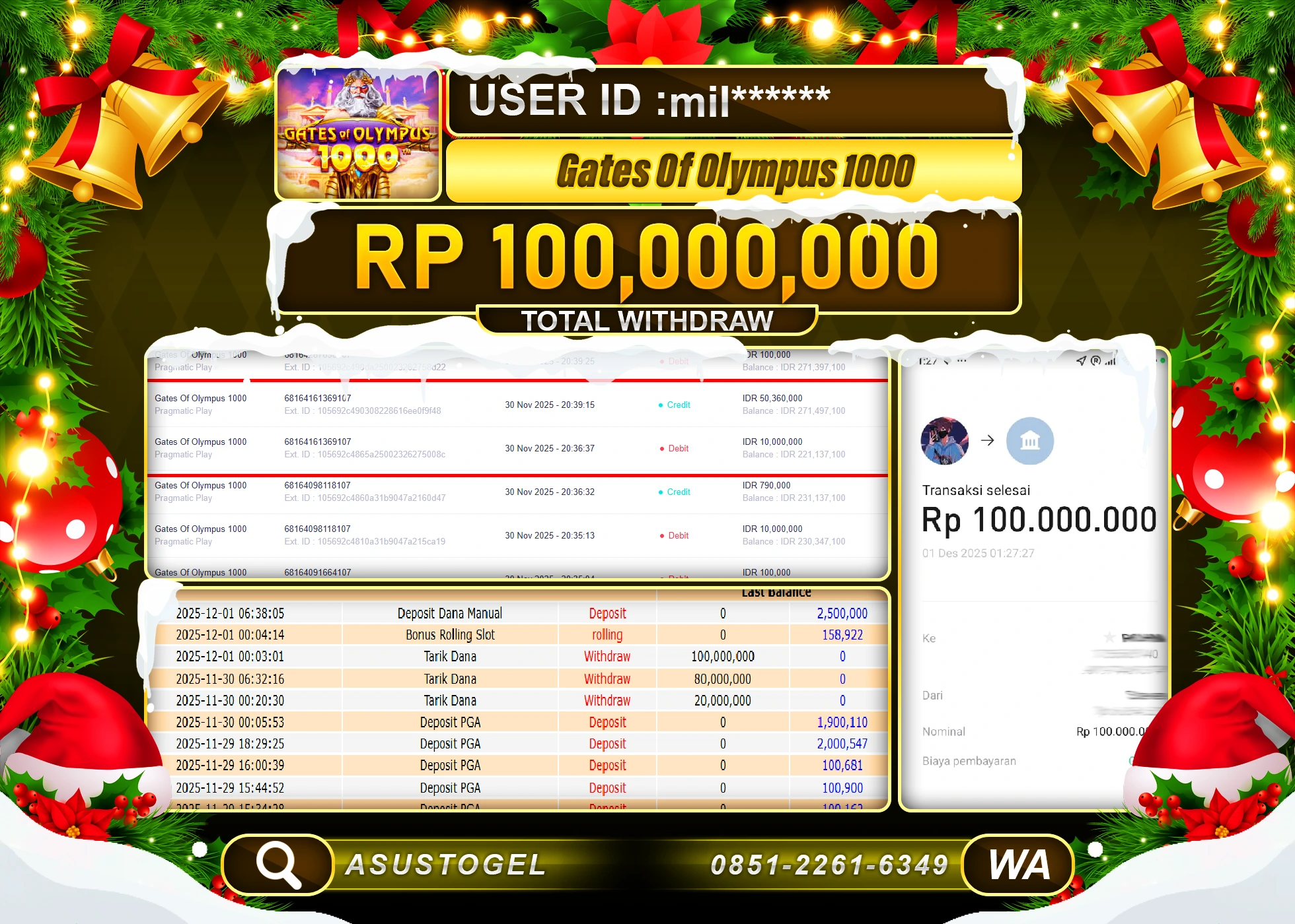 ASUSTOGEL KEMENANGAN DI SLOT GATES OF OLYMPUS 1000 SEBESAR 100,000,000 - RUPIAH LUNAS