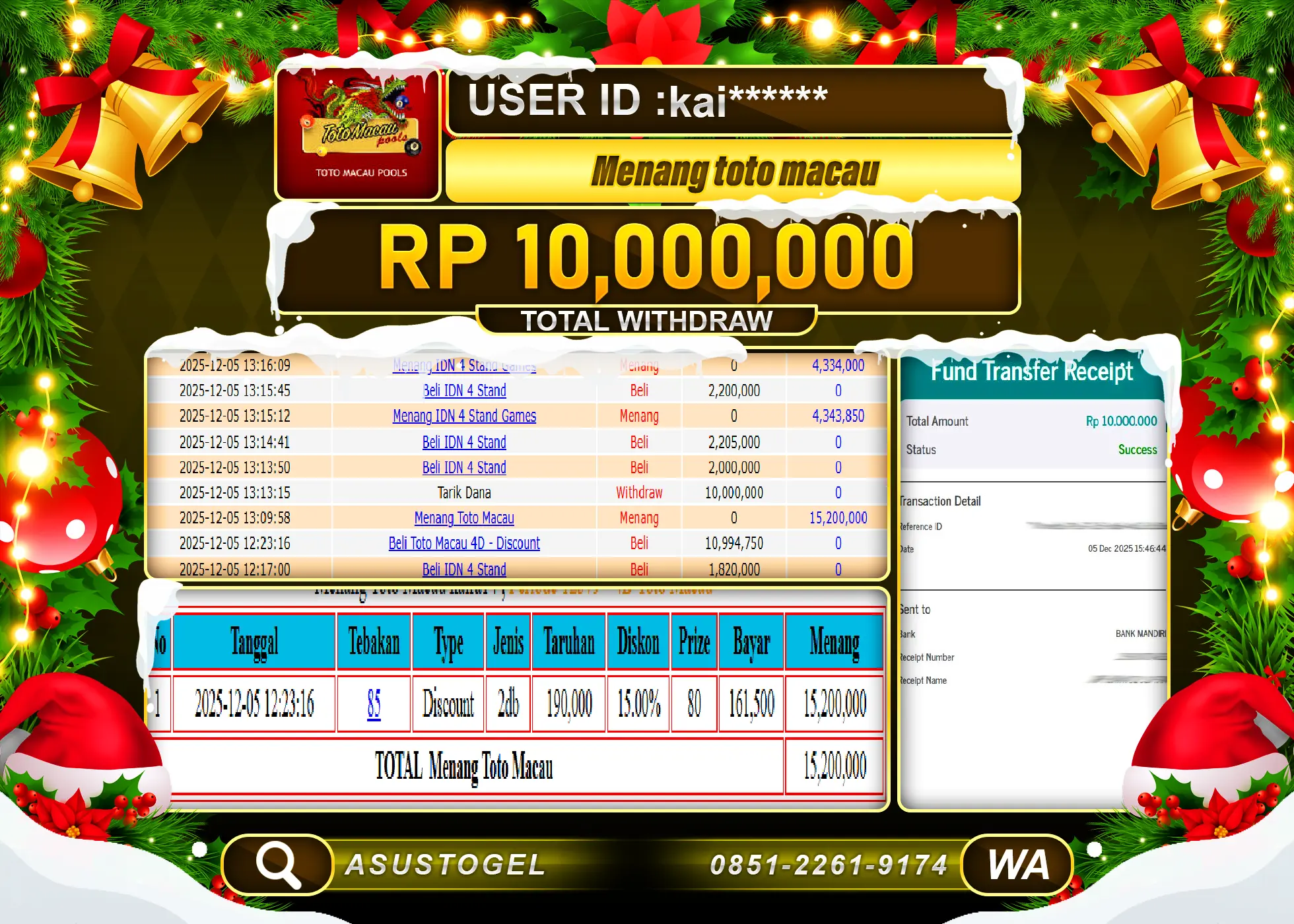 ASUSTOGEL KEMENANGAN DI TOGEL TOTO MACAU 4D SEBESAR 10,000,000 - RUPIAH LUNAS