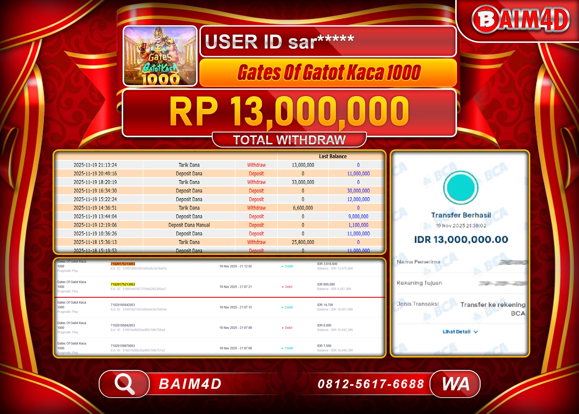 BAIM4D JACKPOT SLOT GATES OF GATOT KACA 1000 Rp.13,000,000 - LUNAS