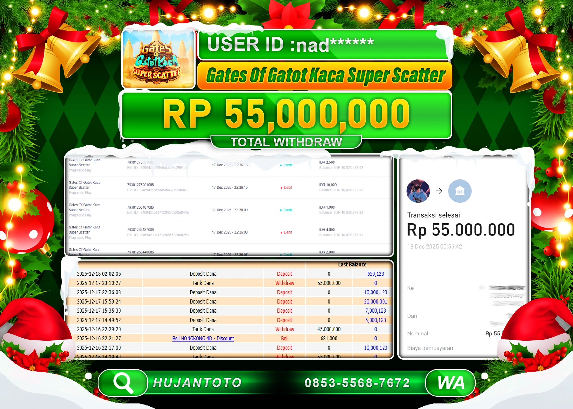 HUJANTOTO - BUKTI JACKPOT MENANG SLOT GATOT KACA SUPER SCATTER Rp.55,000,000 - TERBAYAR LUNAS